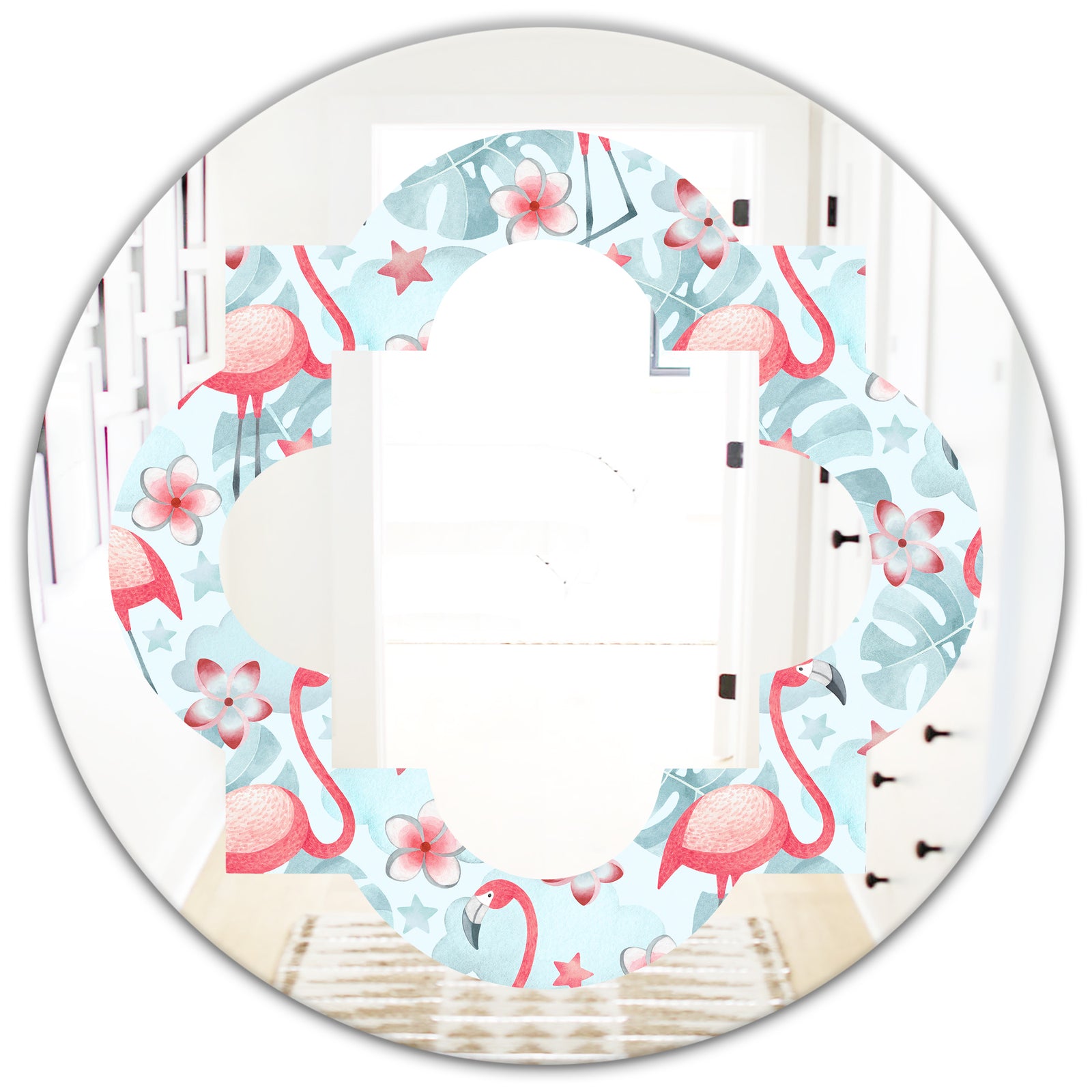 Tropical Botanicals, Flowers and Flamingo III - Modern Round or Oval Wall Mirror - Quatrefoil