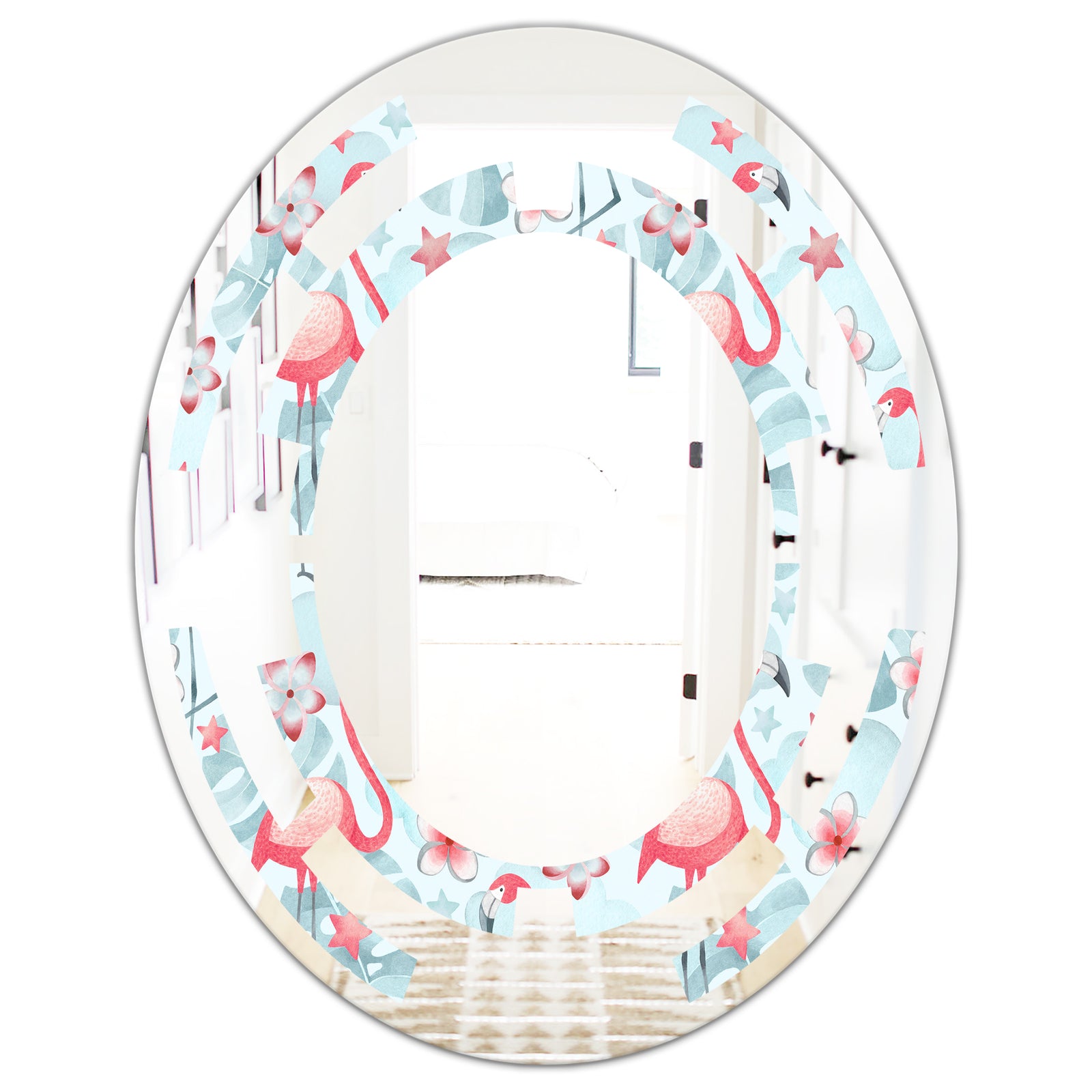 Tropical Botanicals, Flowers and Flamingo III - Modern Round or Oval Wall Mirror - Space