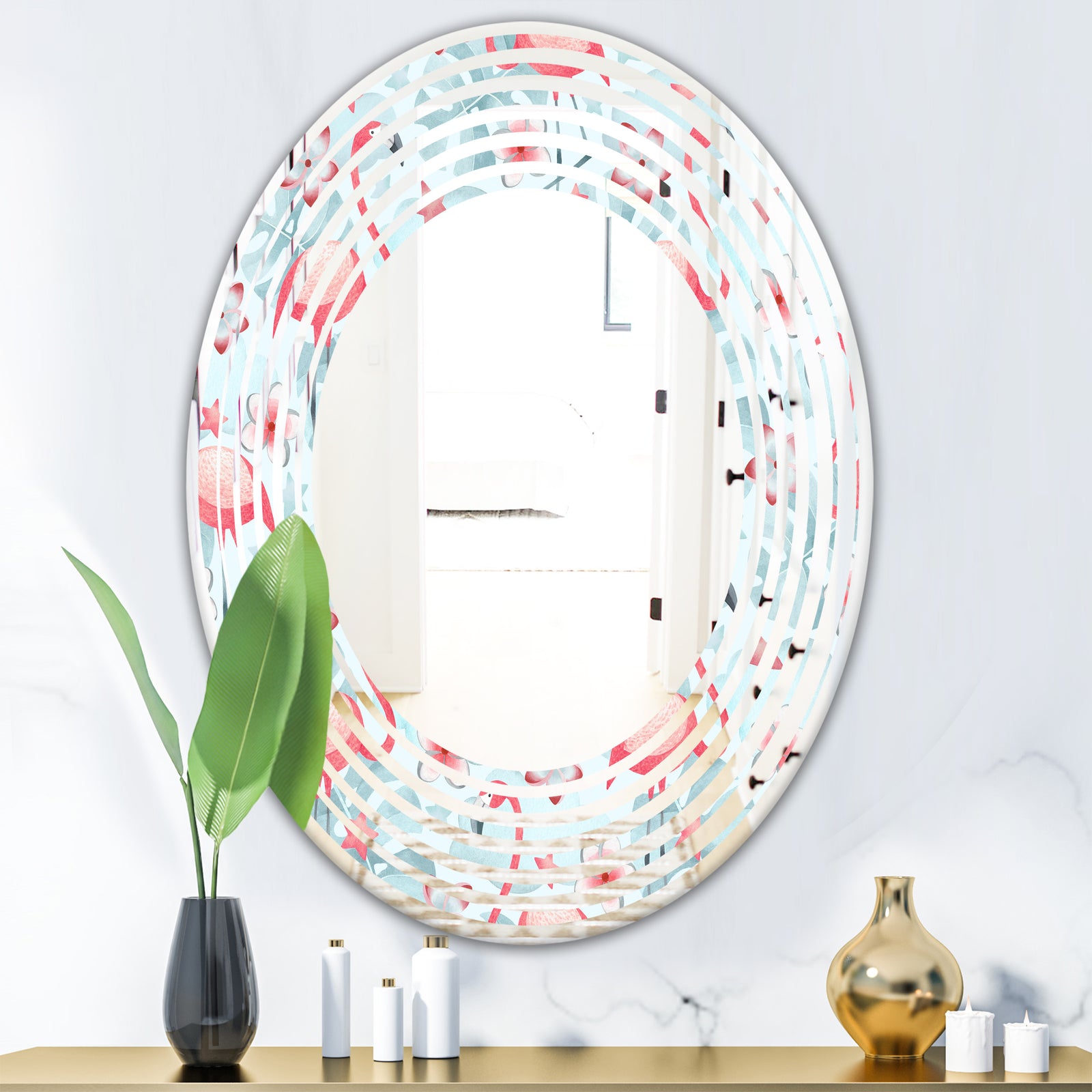 Tropical Botanicals, Flowers and Flamingo III - Modern Round or Oval Wall Mirror - Wave