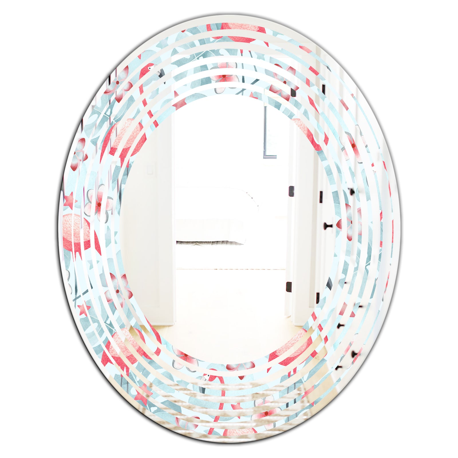 Tropical Botanicals, Flowers and Flamingo III - Modern Round or Oval Wall Mirror - Wave