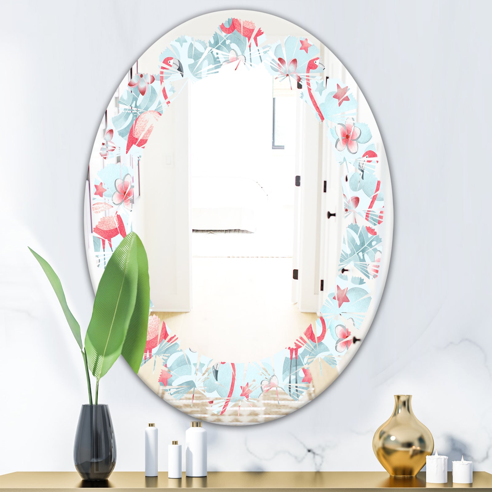 Tropical Botanicals, Flowers and Flamingo III - Modern Round or Oval Wall Mirror - Leaves