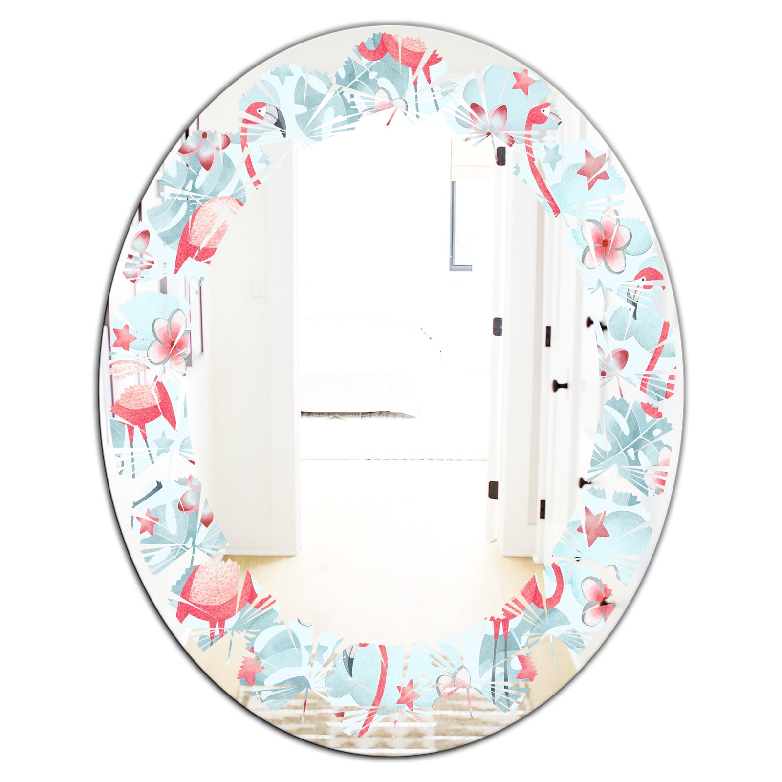 Tropical Botanicals, Flowers and Flamingo III - Modern Round or Oval Wall Mirror - Leaves