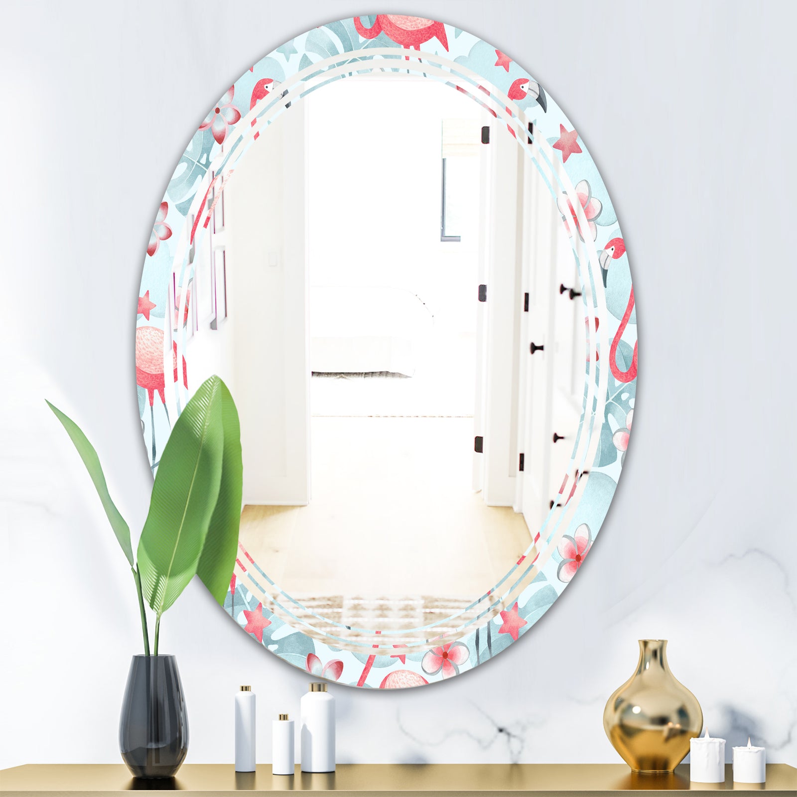 Tropical Botanicals, Flowers and Flamingo III - Modern Round or Oval Wall Mirror - Triple C