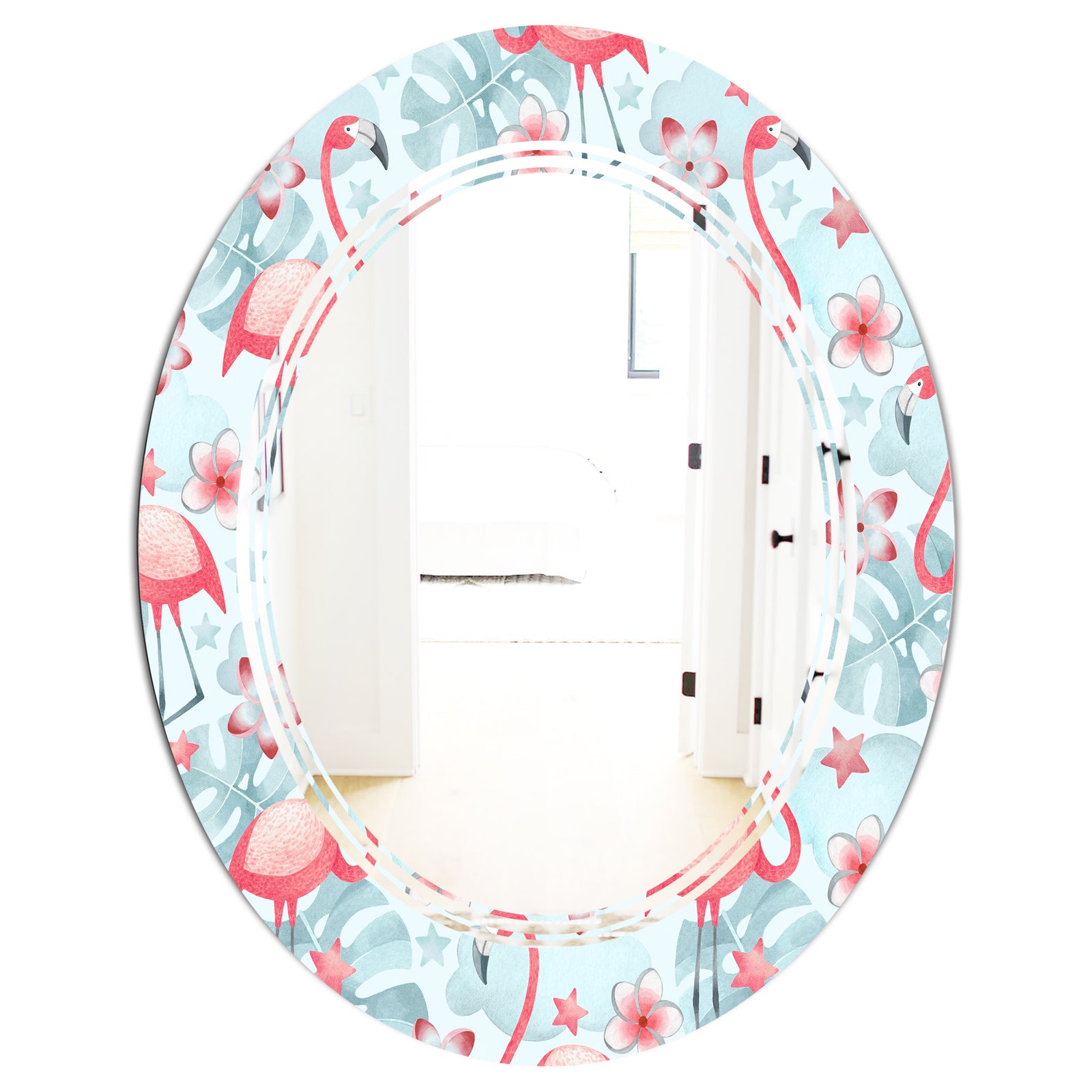 Tropical Botanicals, Flowers and Flamingo III - Modern Round or Oval Wall Mirror - Triple C