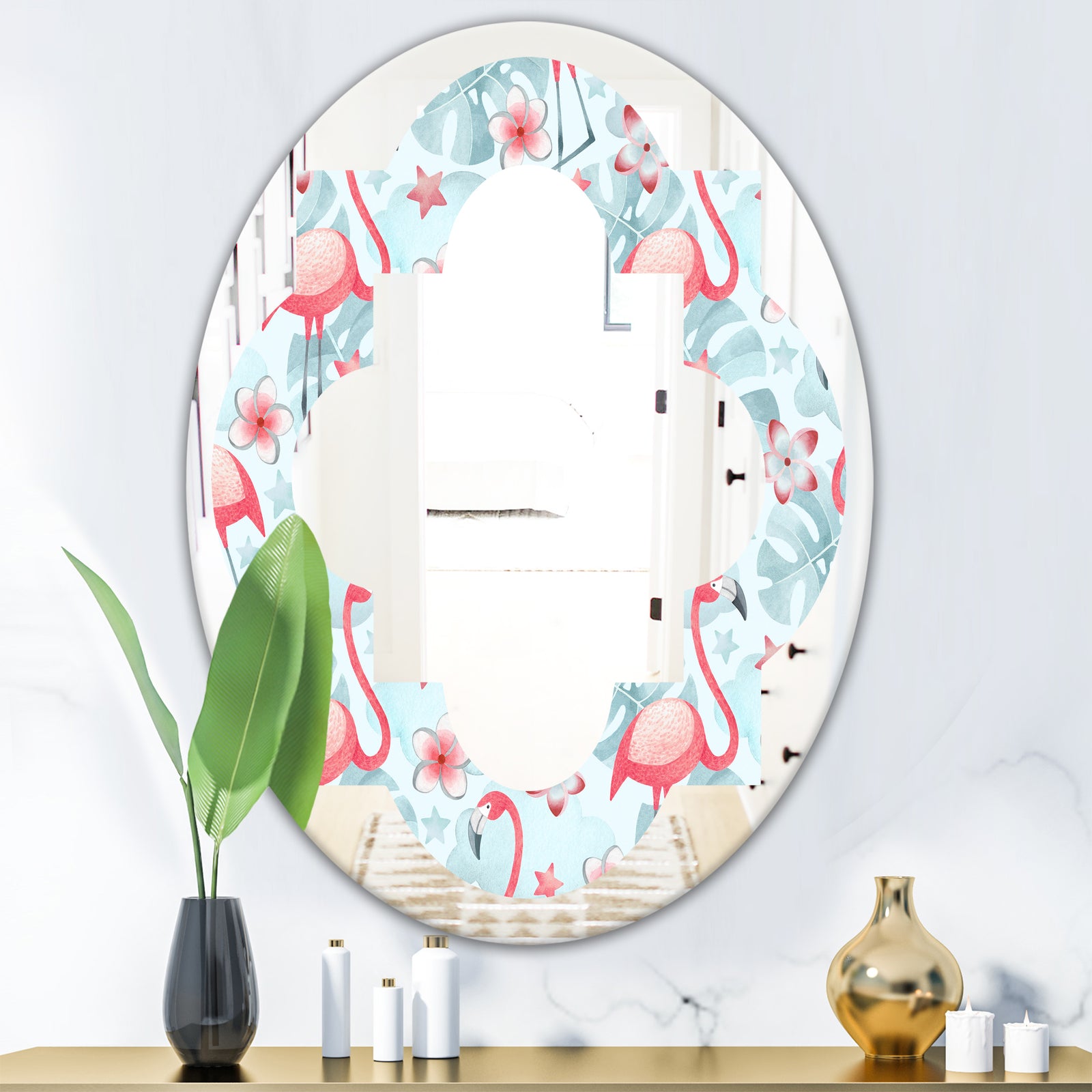 Tropical Botanicals, Flowers and Flamingo III - Modern Round or Oval Wall Mirror - Quatrefoil