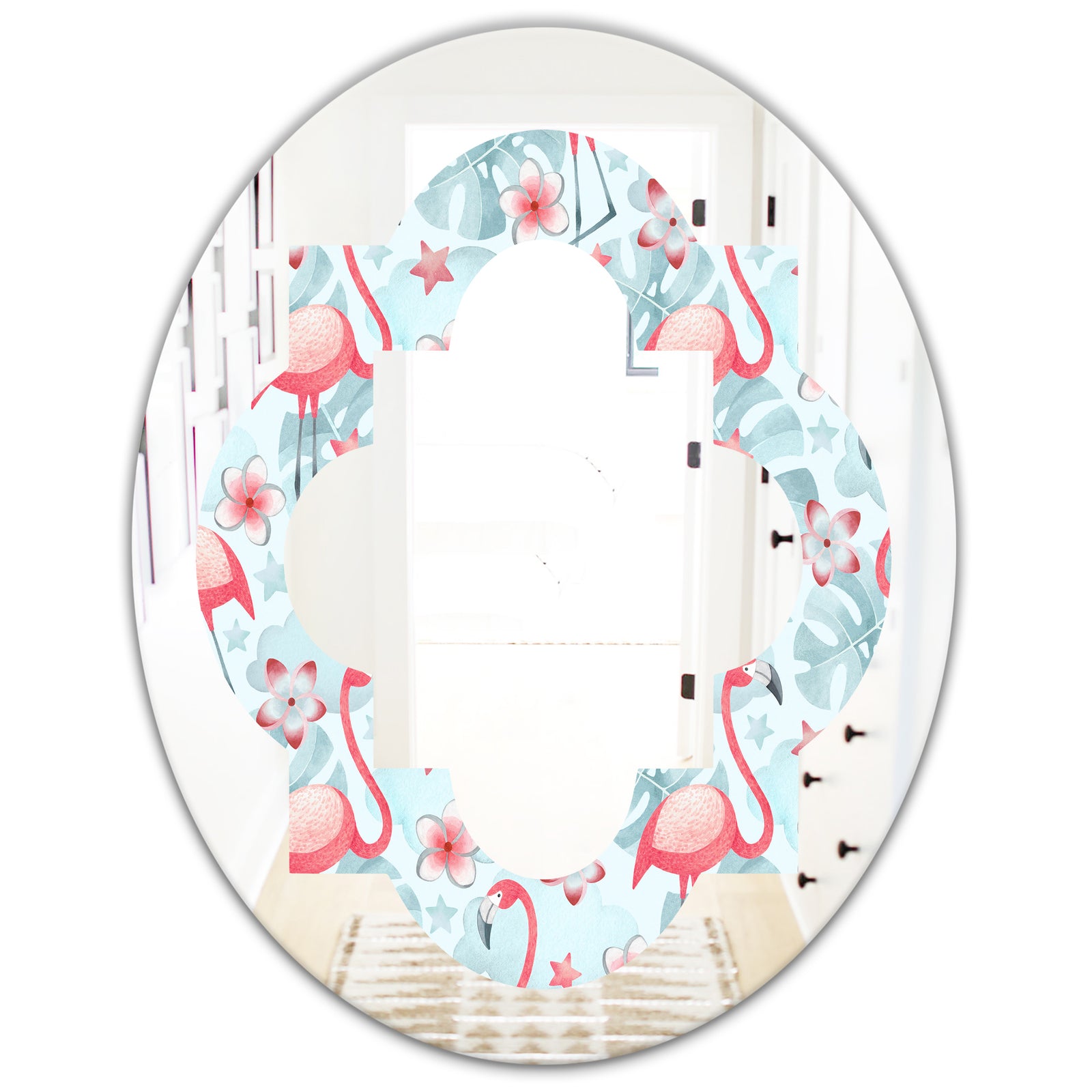 Tropical Botanicals, Flowers and Flamingo III - Modern Round or Oval Wall Mirror - Quatrefoil