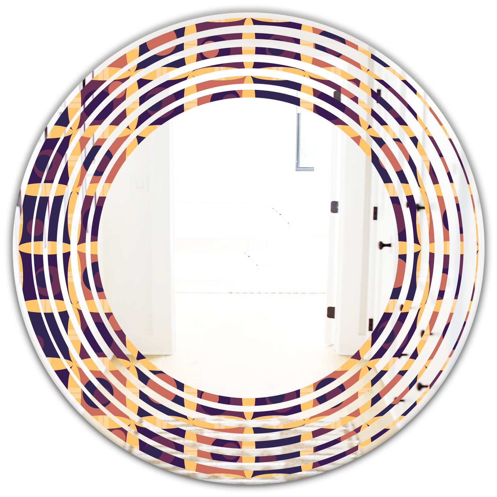 Retro Grid in Orange - Modern Round or Oval Wall Mirror - Wave