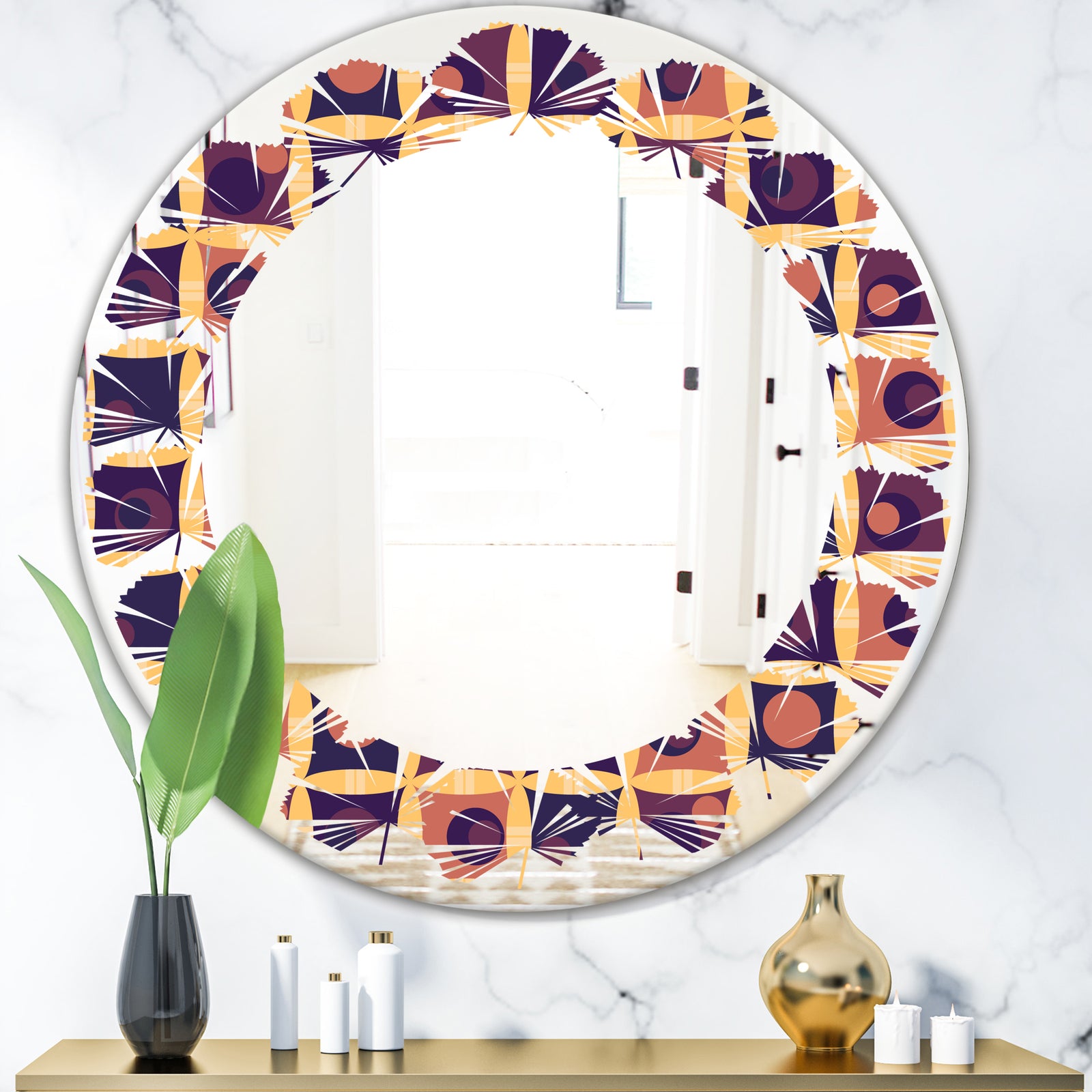 Retro Grid in Orange - Modern Round or Oval Wall Mirror - Leaves
