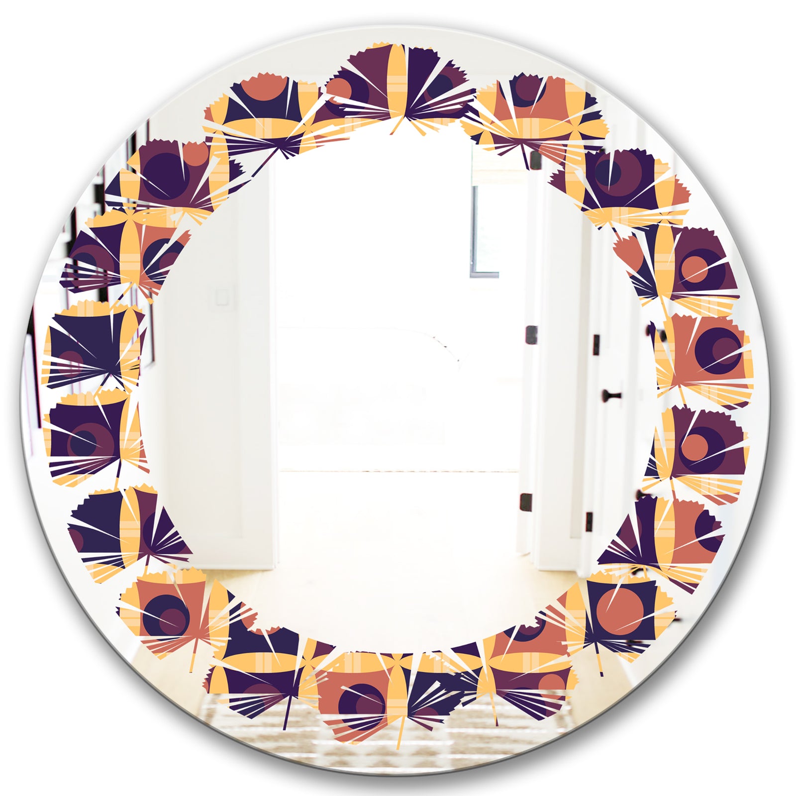 Retro Grid in Orange - Modern Round or Oval Wall Mirror - Leaves