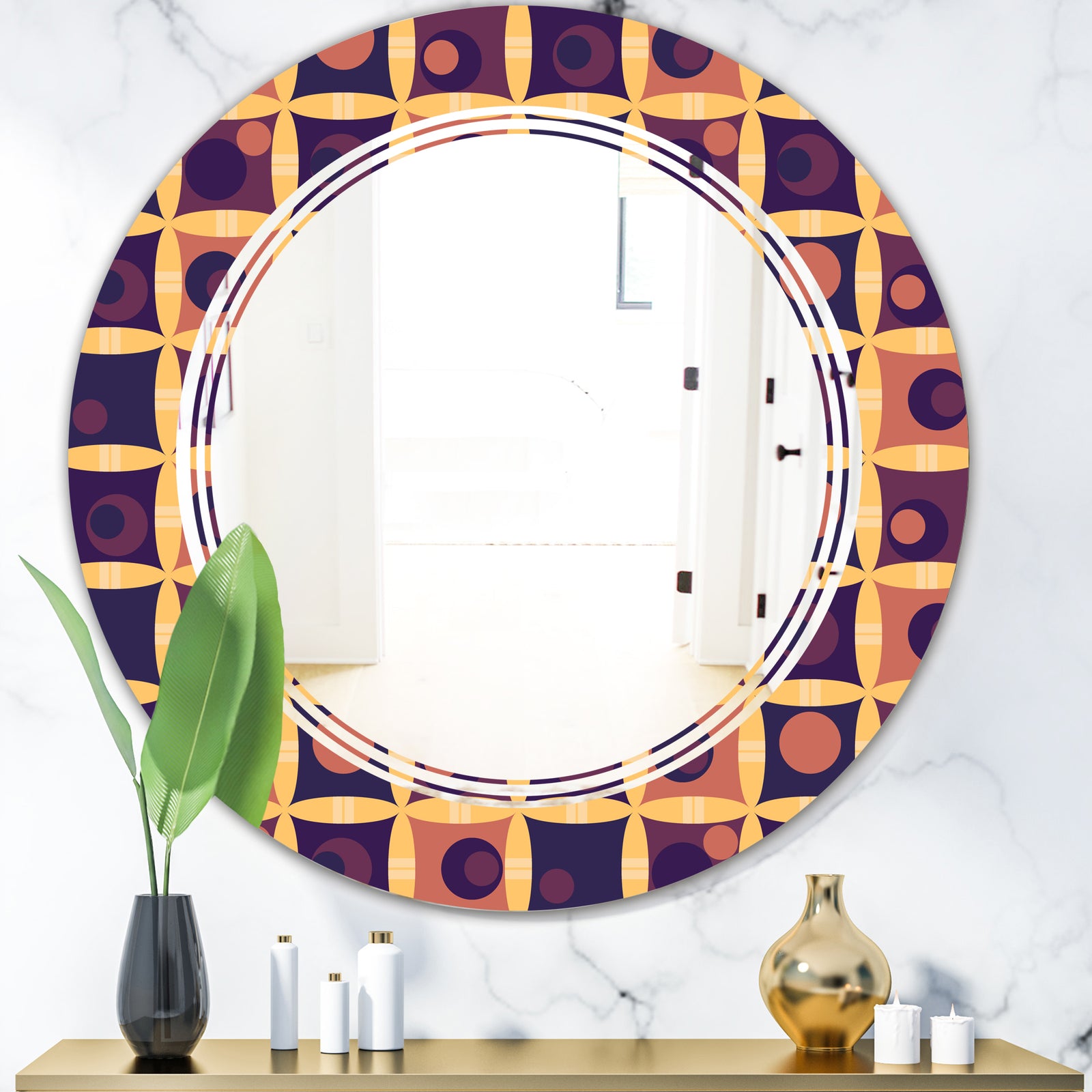 Retro Grid in Orange - Modern Round or Oval Wall Mirror - Triple C