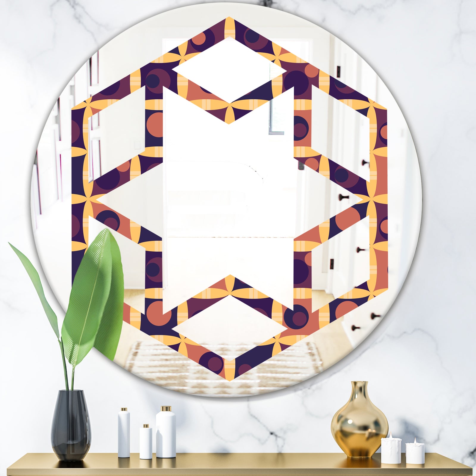 Retro Grid in Orange - Modern Round or Oval Wall Mirror - Hexagon Star