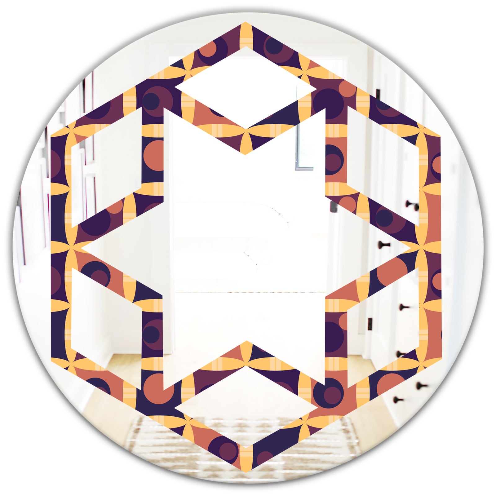 Retro Grid in Orange - Modern Round or Oval Wall Mirror - Hexagon Star