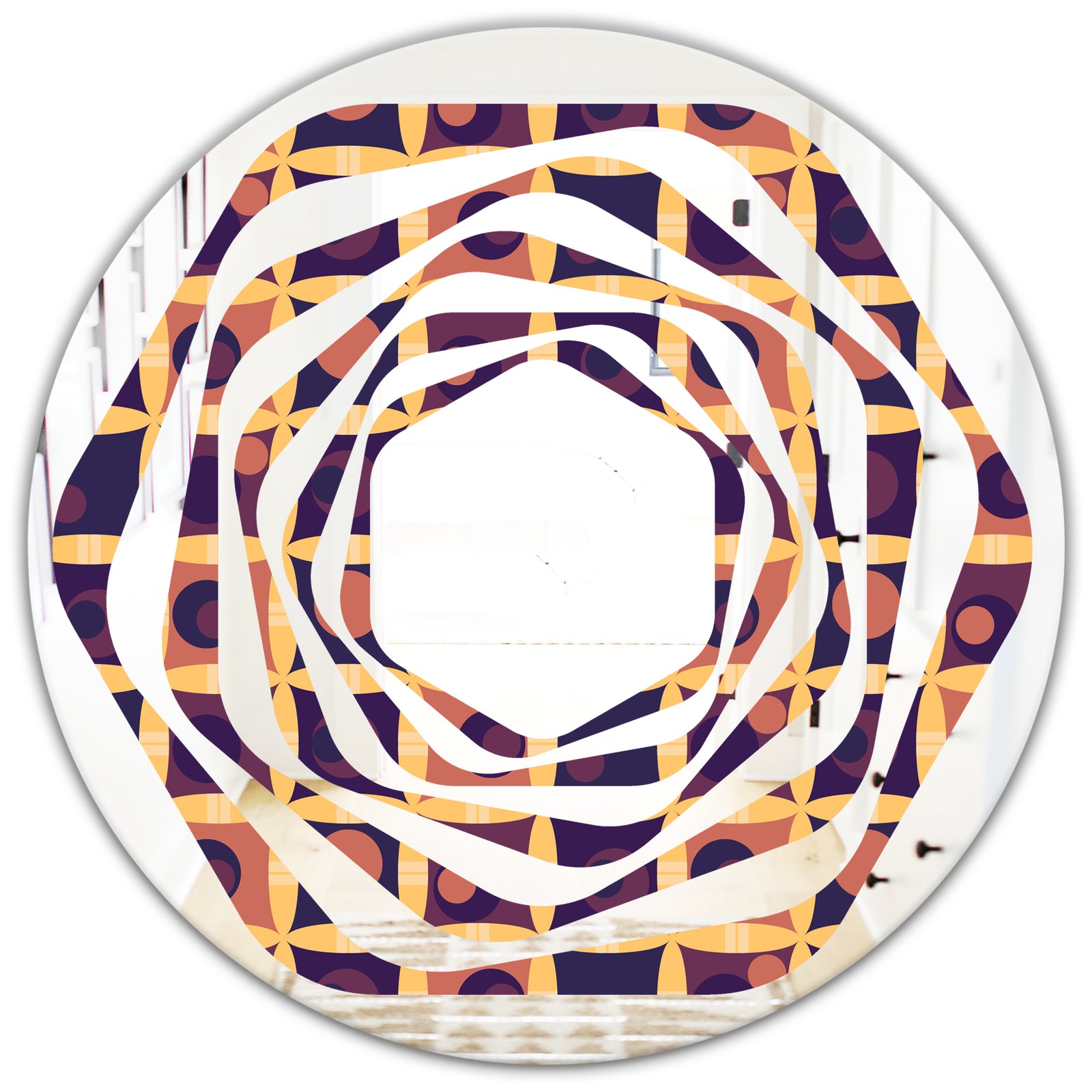 Retro Grid in Orange - Modern Round or Oval Wall Mirror - Whirl