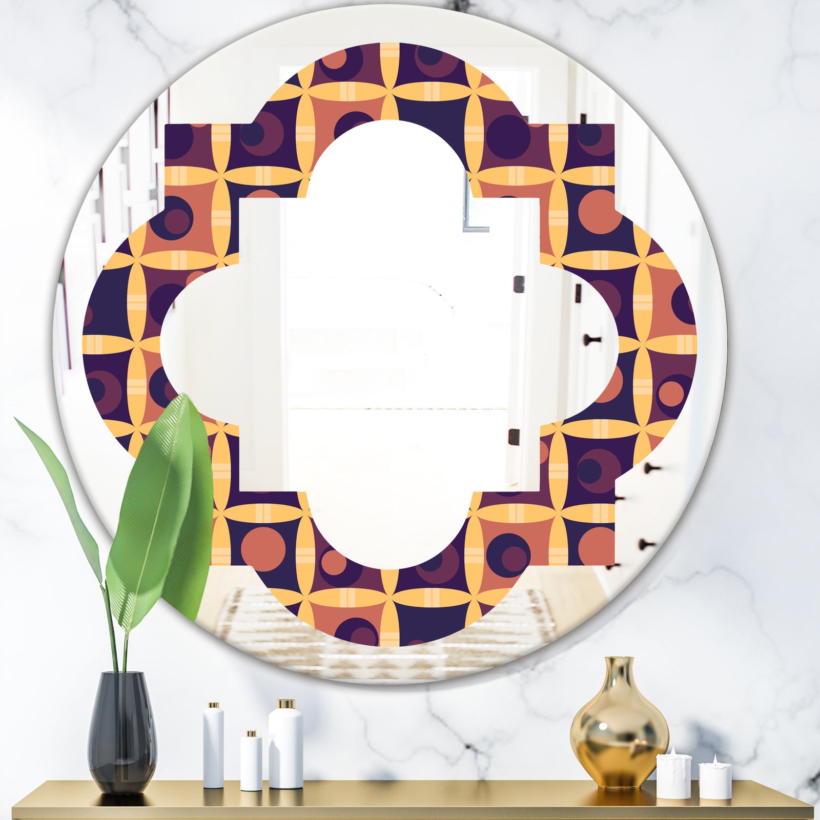Retro Grid in Orange - Modern Round or Oval Wall Mirror - Quatrefoil