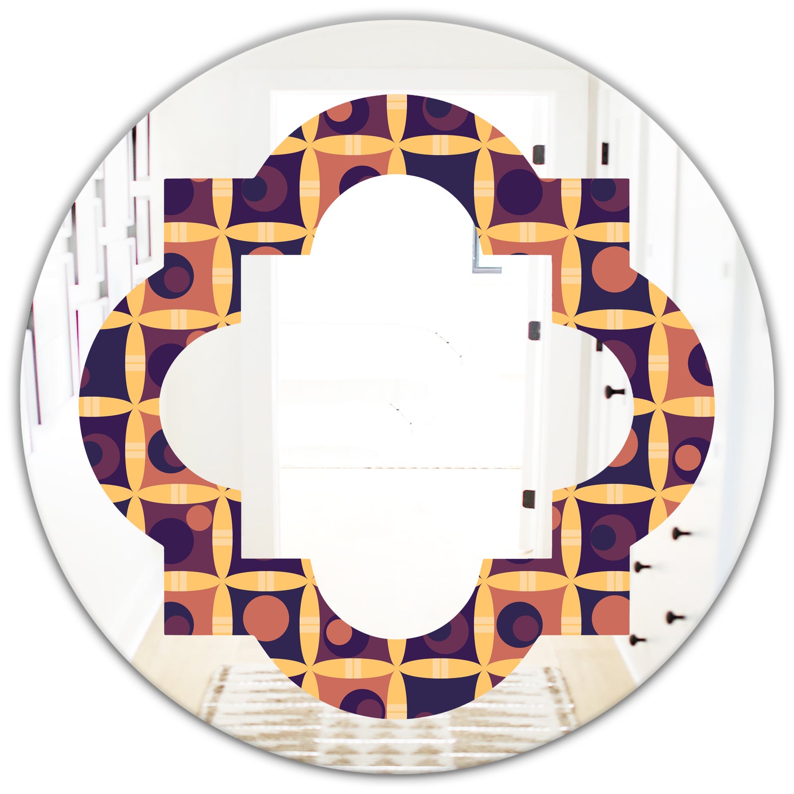 Retro Grid in Orange - Modern Round or Oval Wall Mirror - Quatrefoil
