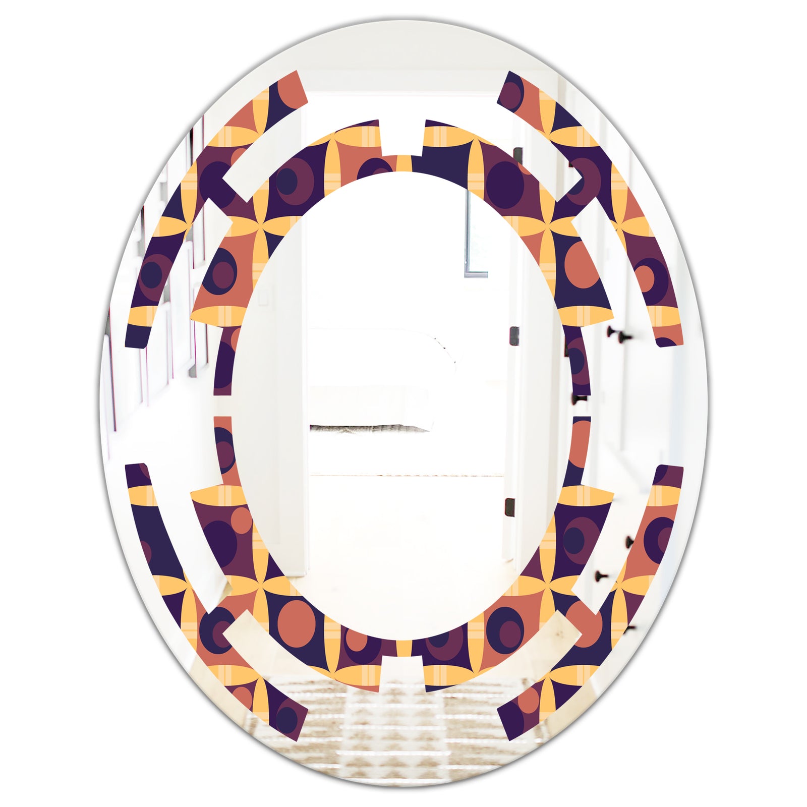 Retro Grid in Orange - Modern Round or Oval Wall Mirror - Space