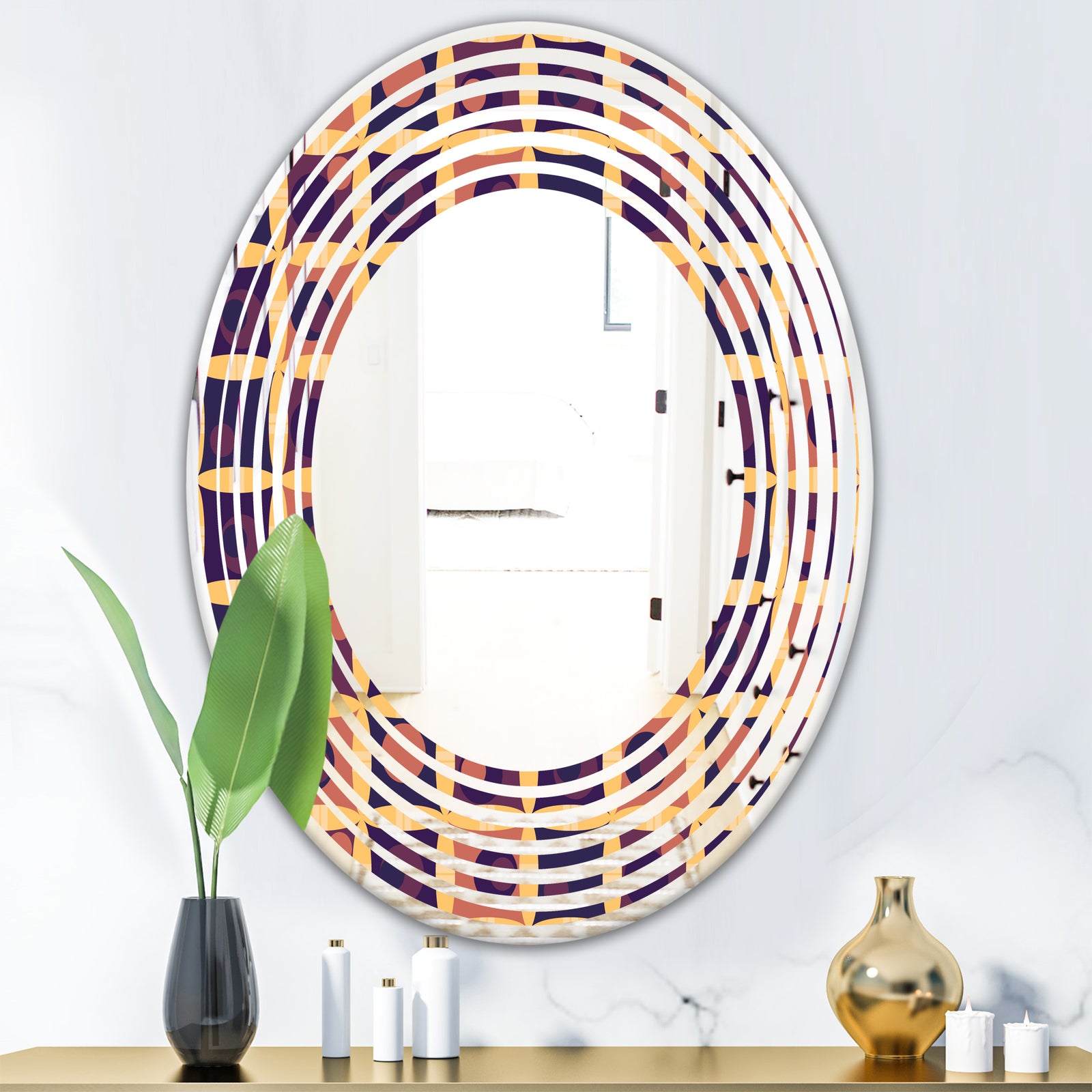 Retro Grid in Orange - Modern Round or Oval Wall Mirror - Wave