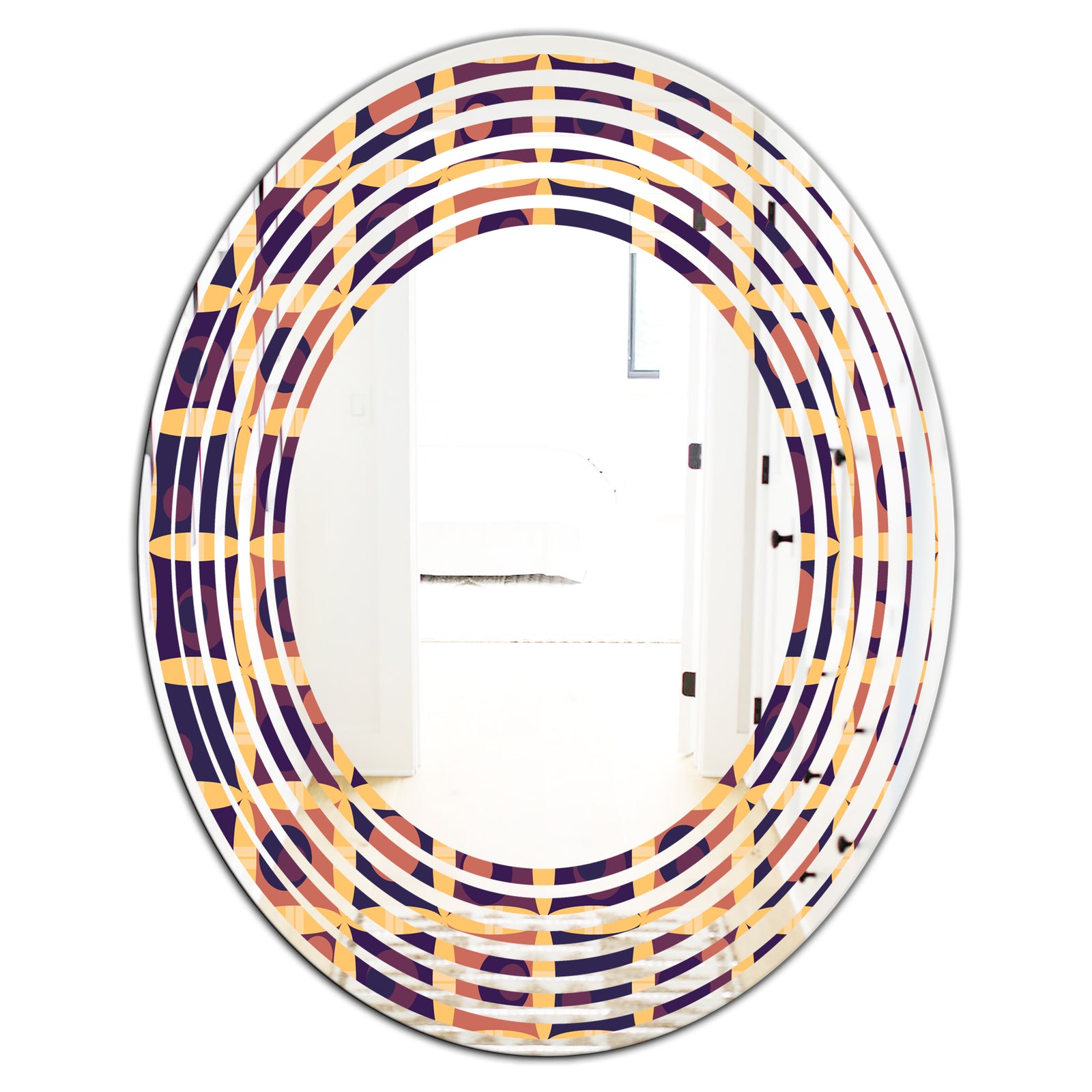 Retro Grid in Orange - Modern Round or Oval Wall Mirror - Wave