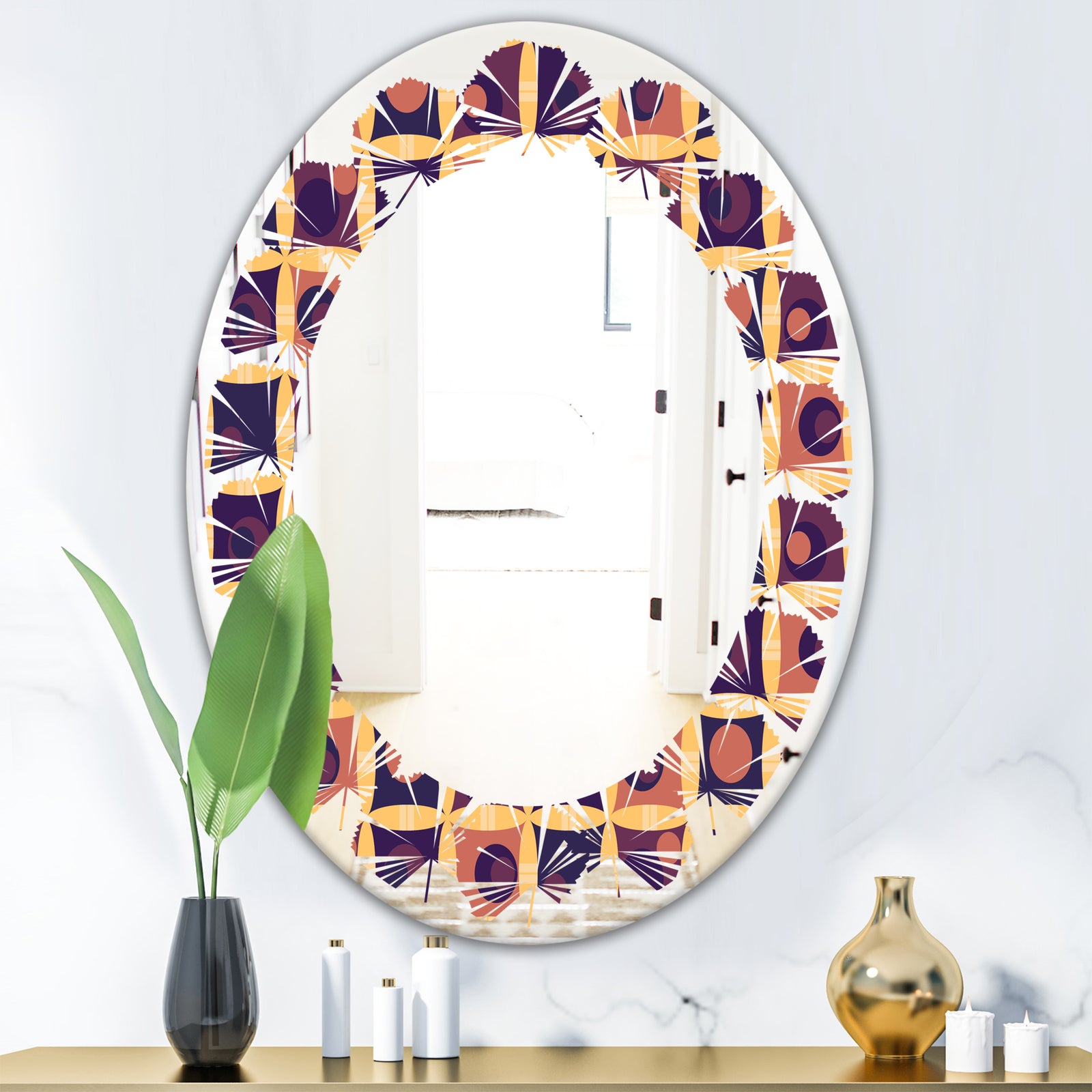 Retro Grid in Orange - Modern Round or Oval Wall Mirror - Leaves