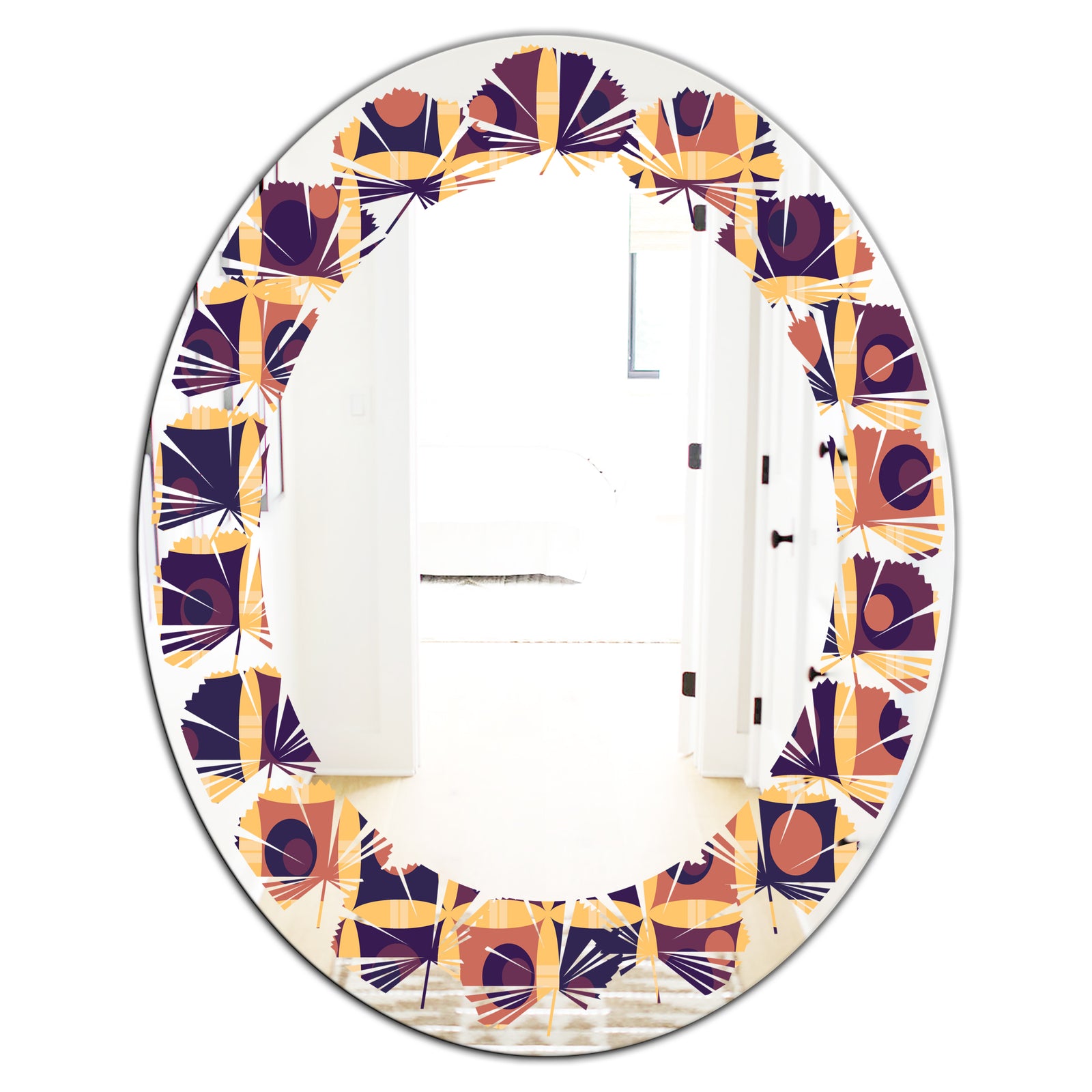 Retro Grid in Orange - Modern Round or Oval Wall Mirror - Leaves