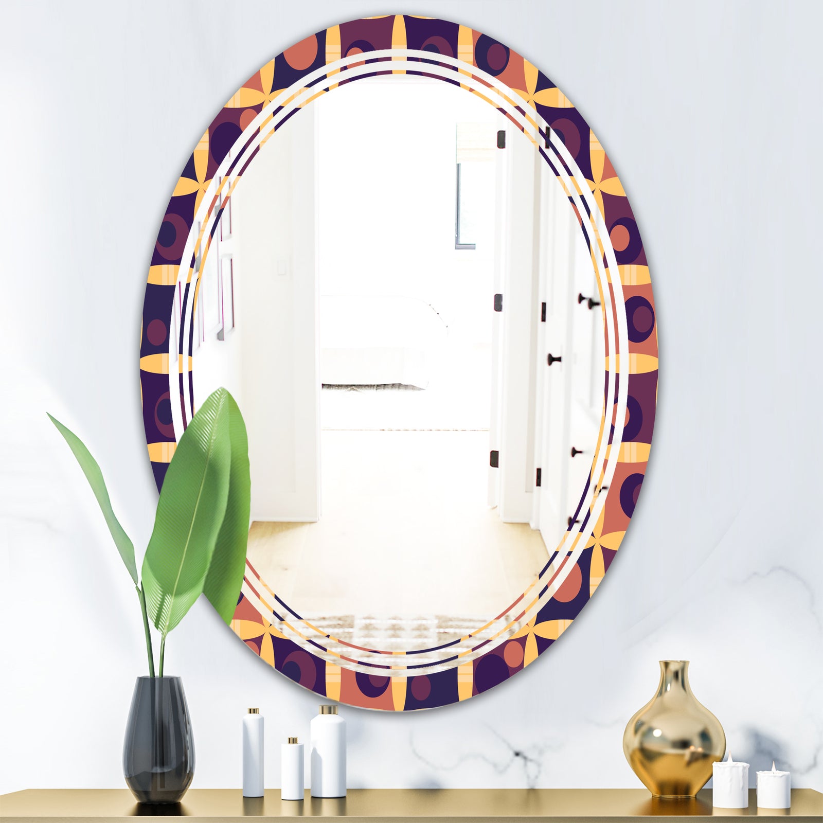 Retro Grid in Orange - Modern Round or Oval Wall Mirror - Triple C