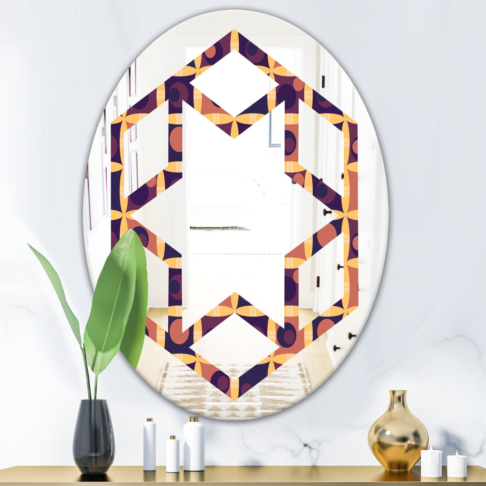 Retro Grid in Orange - Modern Round or Oval Wall Mirror - Hexagon Star