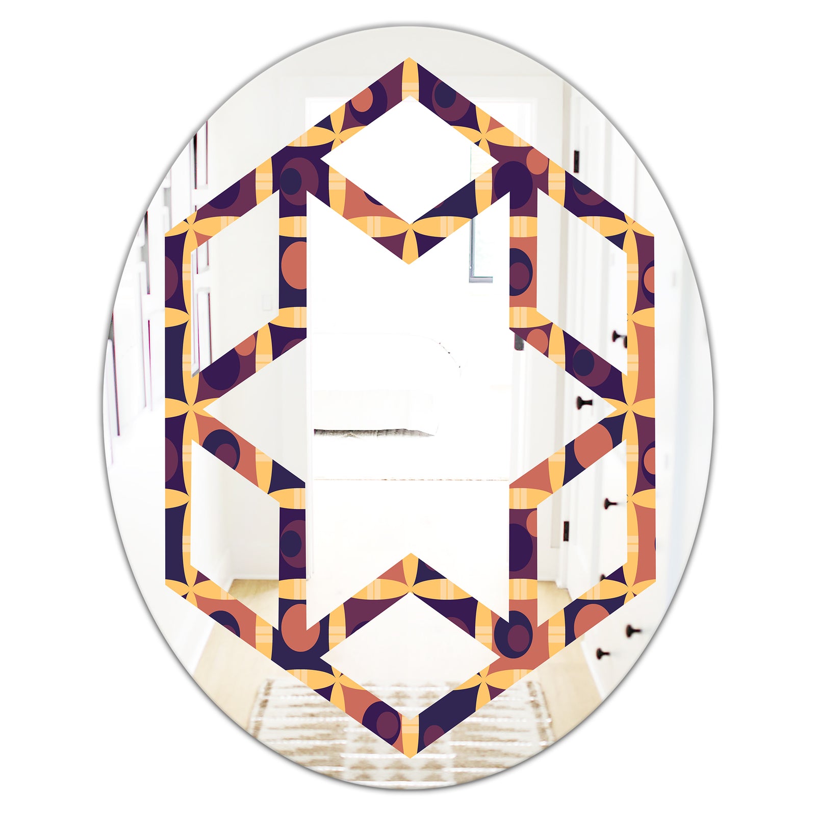 Retro Grid in Orange - Modern Round or Oval Wall Mirror - Hexagon Star