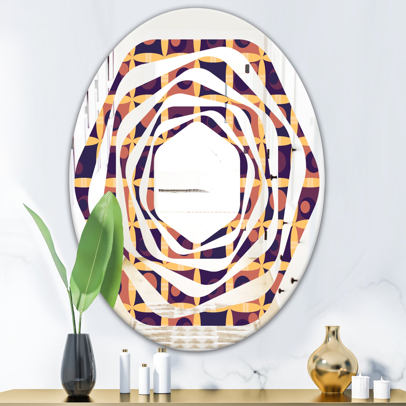 Retro Grid in Orange - Modern Round or Oval Wall Mirror - Whirl