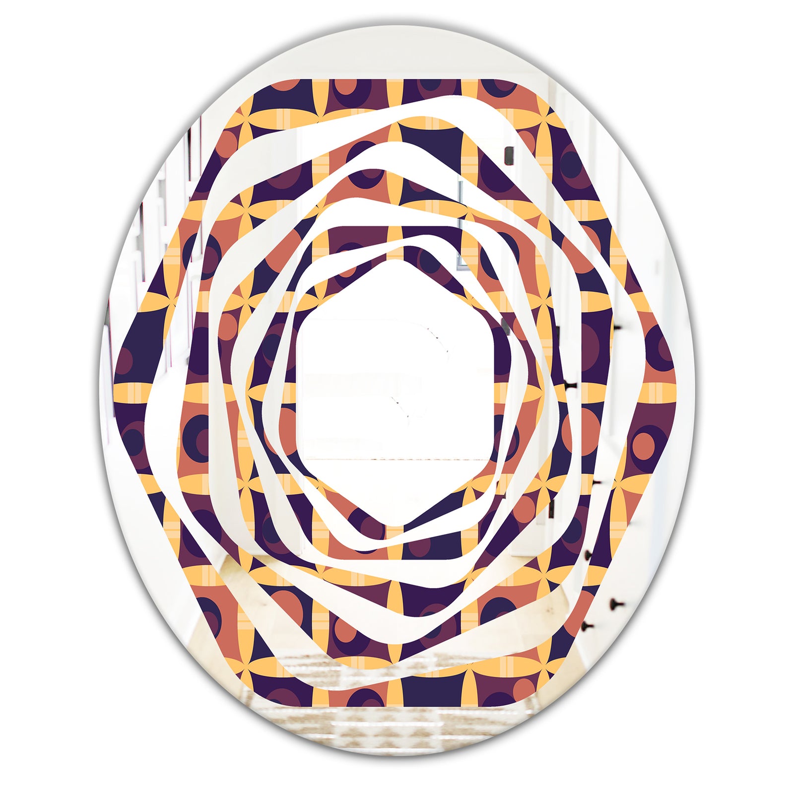 Retro Grid in Orange - Modern Round or Oval Wall Mirror - Whirl