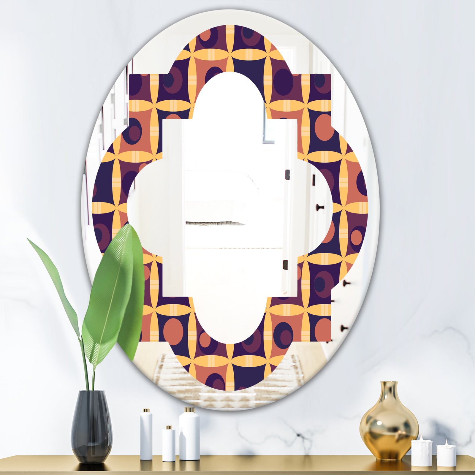 Retro Grid in Orange - Modern Round or Oval Wall Mirror - Quatrefoil