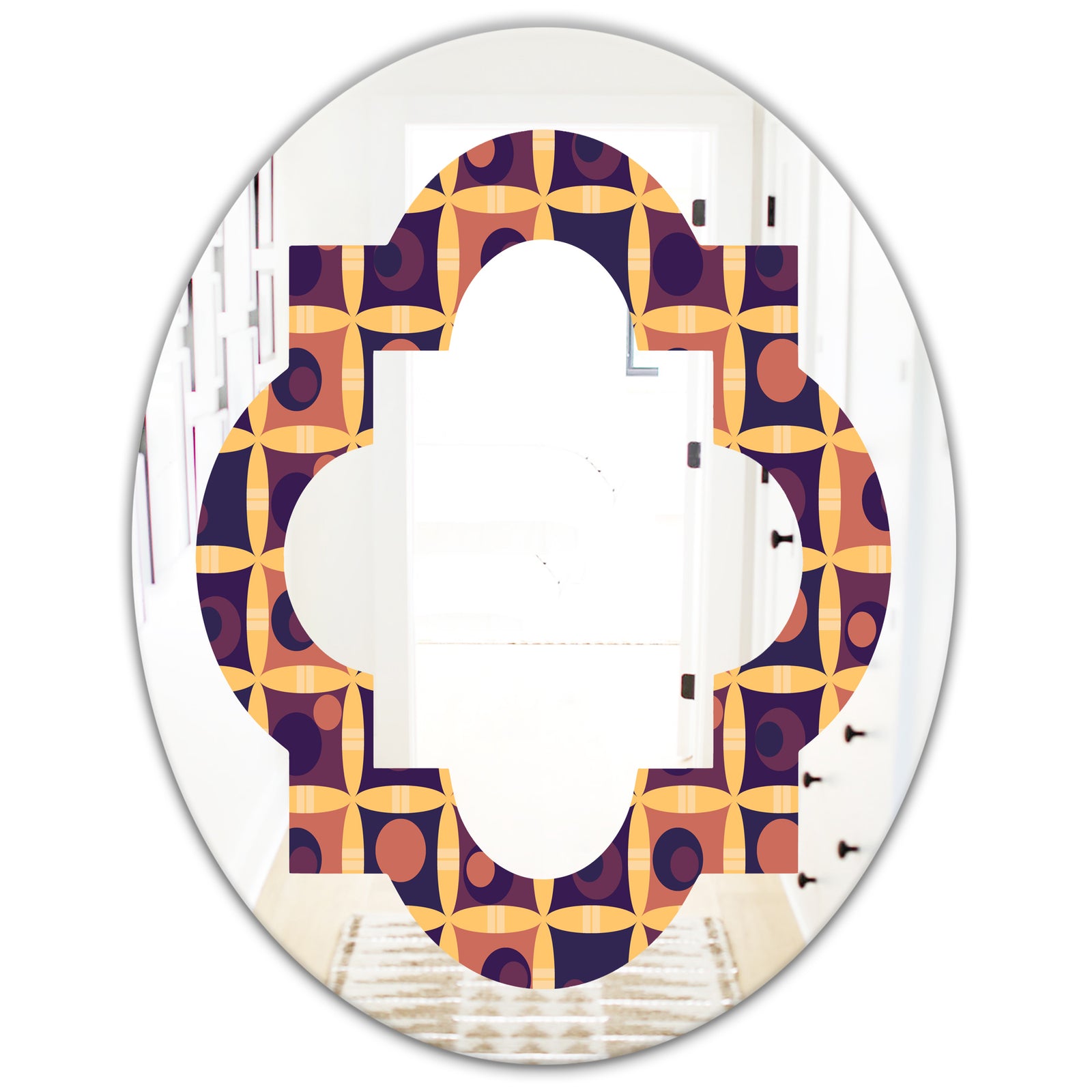 Retro Grid in Orange - Modern Round or Oval Wall Mirror - Quatrefoil