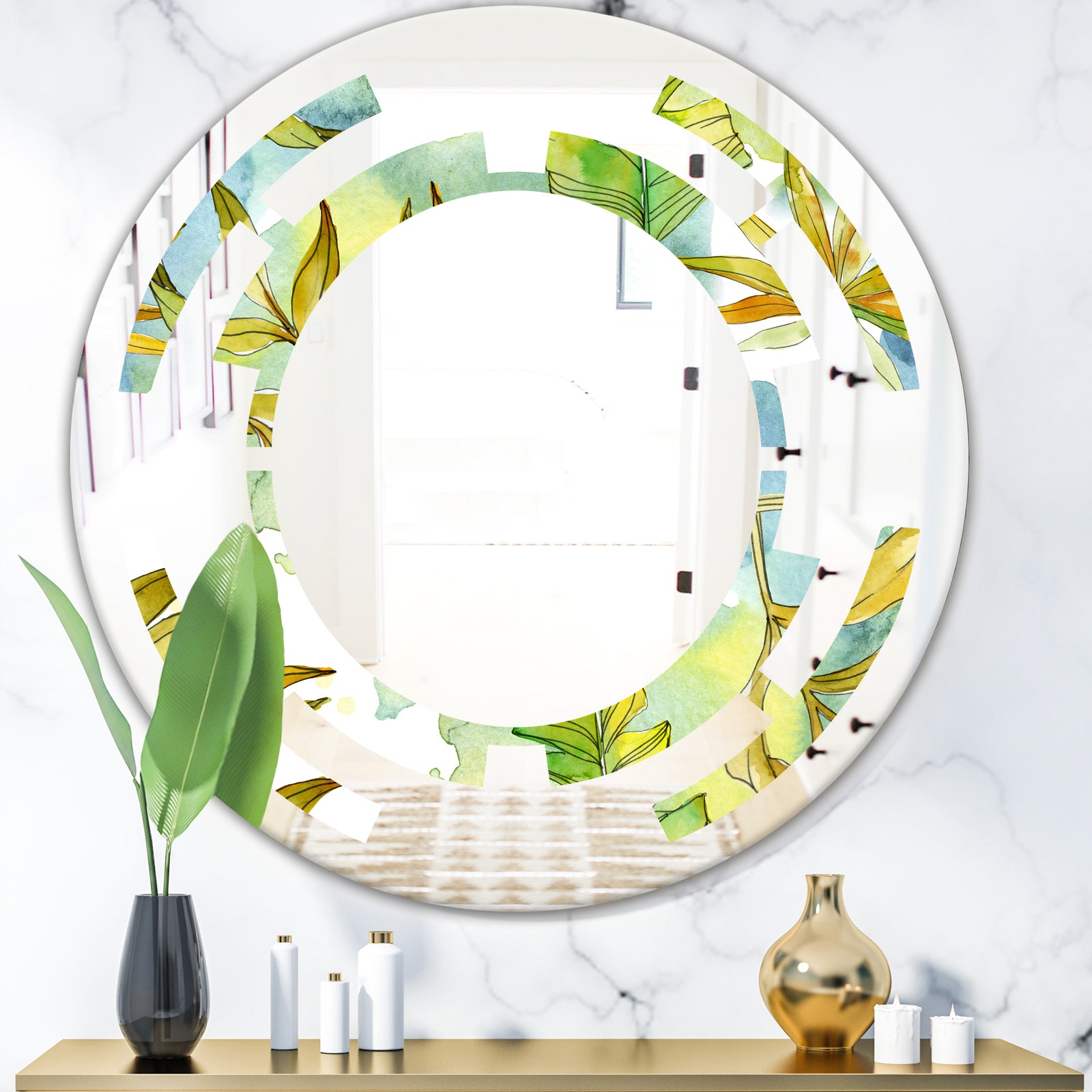 Retro Tropical Foliage - Modern Round or Oval Wall Mirror - Space