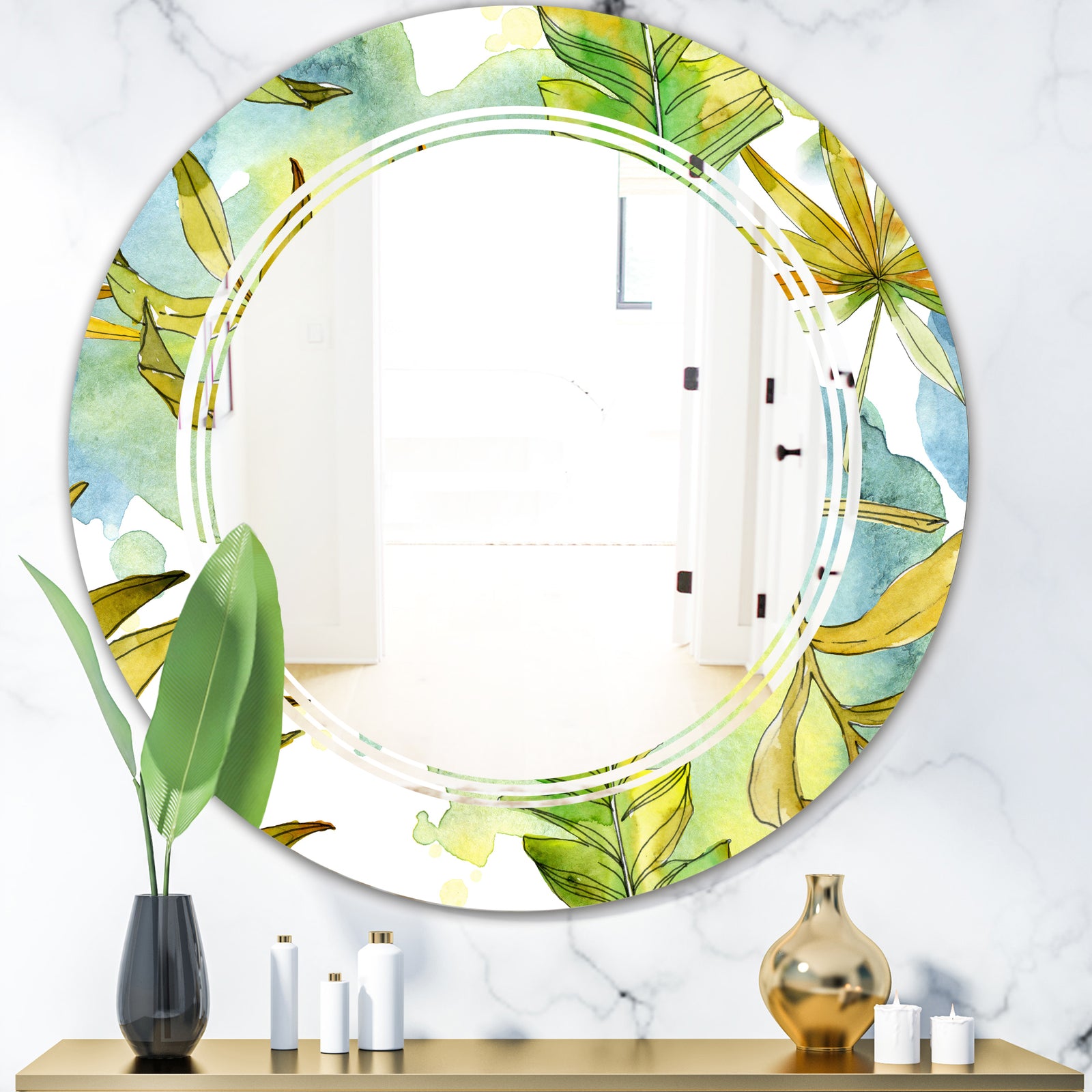 Retro Tropical Foliage - Modern Round or Oval Wall Mirror - Triple C