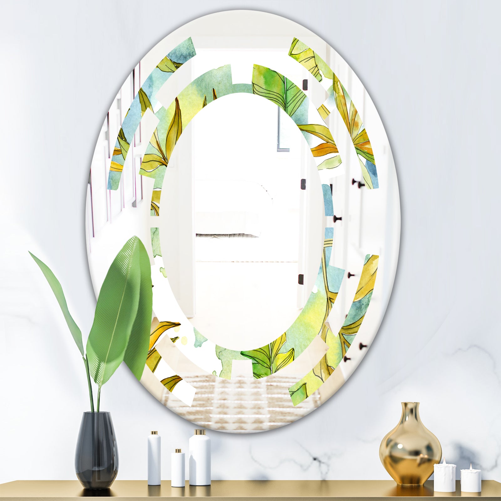Retro Tropical Foliage - Modern Round or Oval Wall Mirror - Space