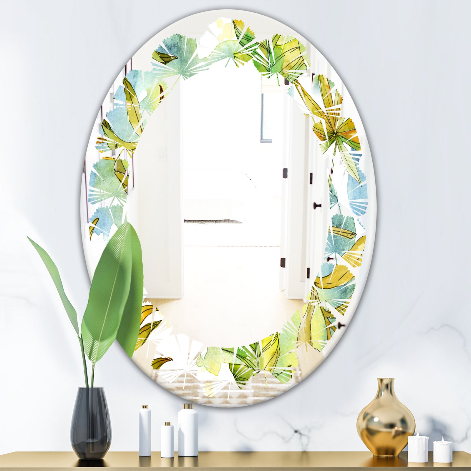 Retro Tropical Foliage - Modern Round or Oval Wall Mirror - Leaves