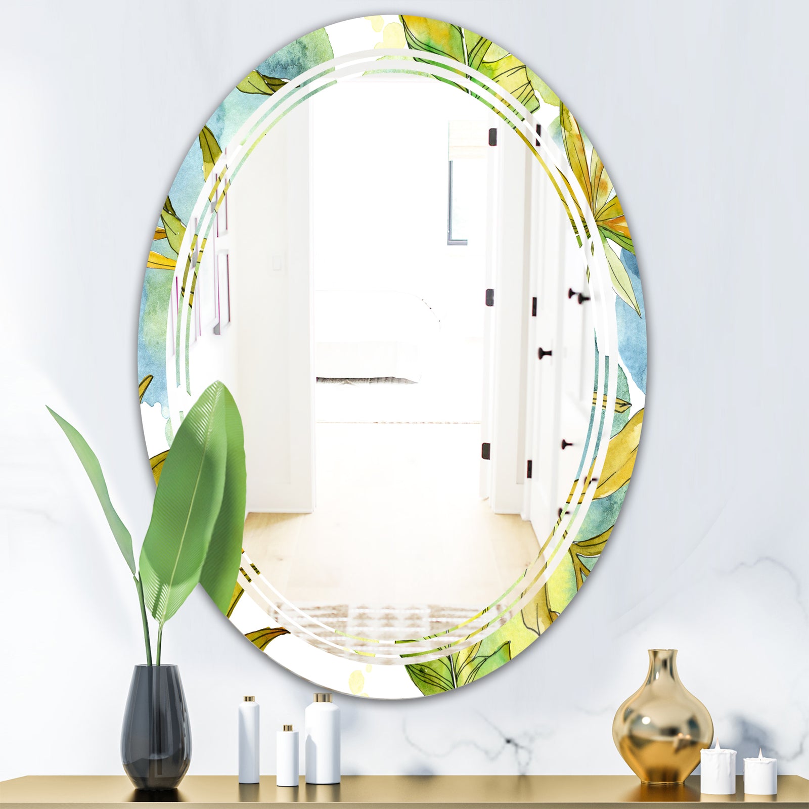 Retro Tropical Foliage - Modern Round or Oval Wall Mirror - Triple C