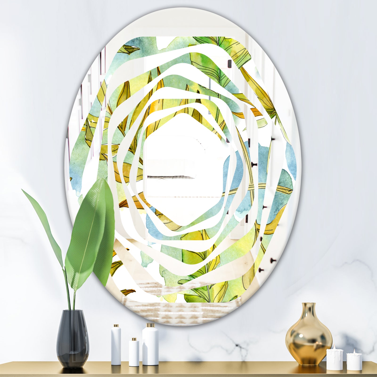 Retro Tropical Foliage - Modern Round or Oval Wall Mirror - Whirl