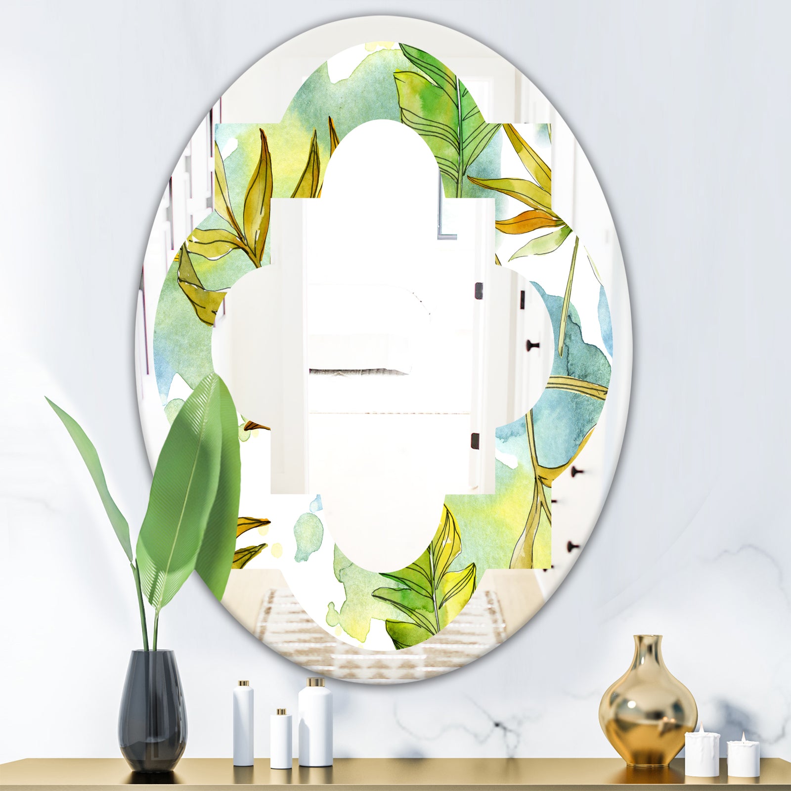 Retro Tropical Foliage - Modern Round or Oval Wall Mirror - Quatrefoil