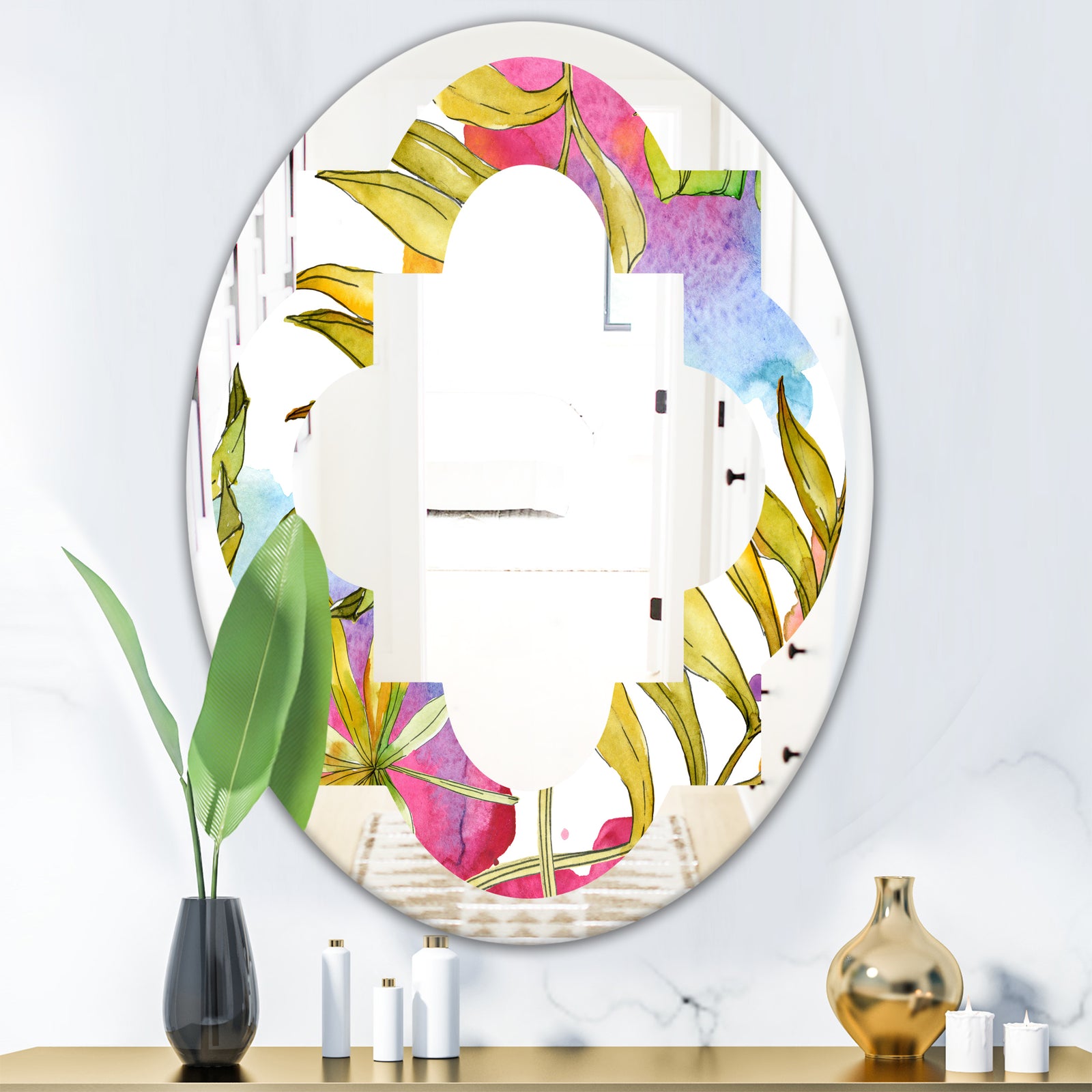 Tropical Foliage IV - Cottage Round or Oval Wall Mirror - Quatrefoil