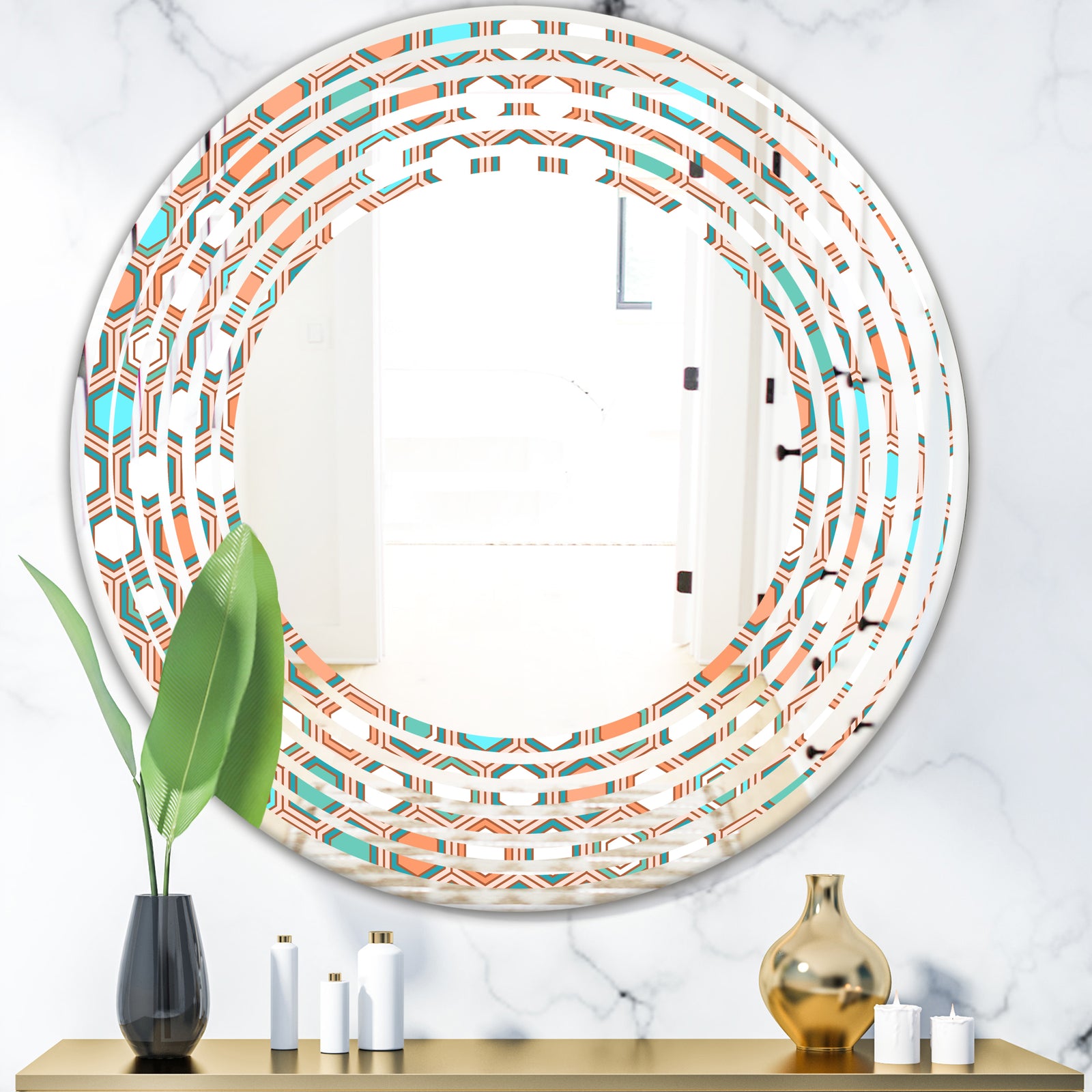 Retro Hexagon Pattern III - Modern Round or Oval Wall Mirror - Wave