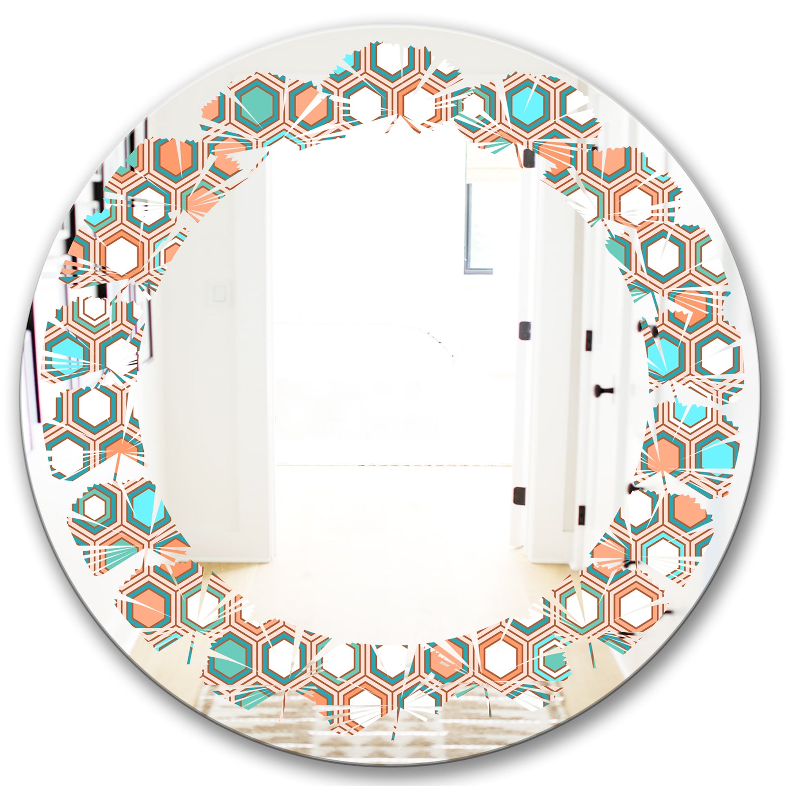 Retro Hexagon Pattern III - Modern Round or Oval Wall Mirror - Leaves
