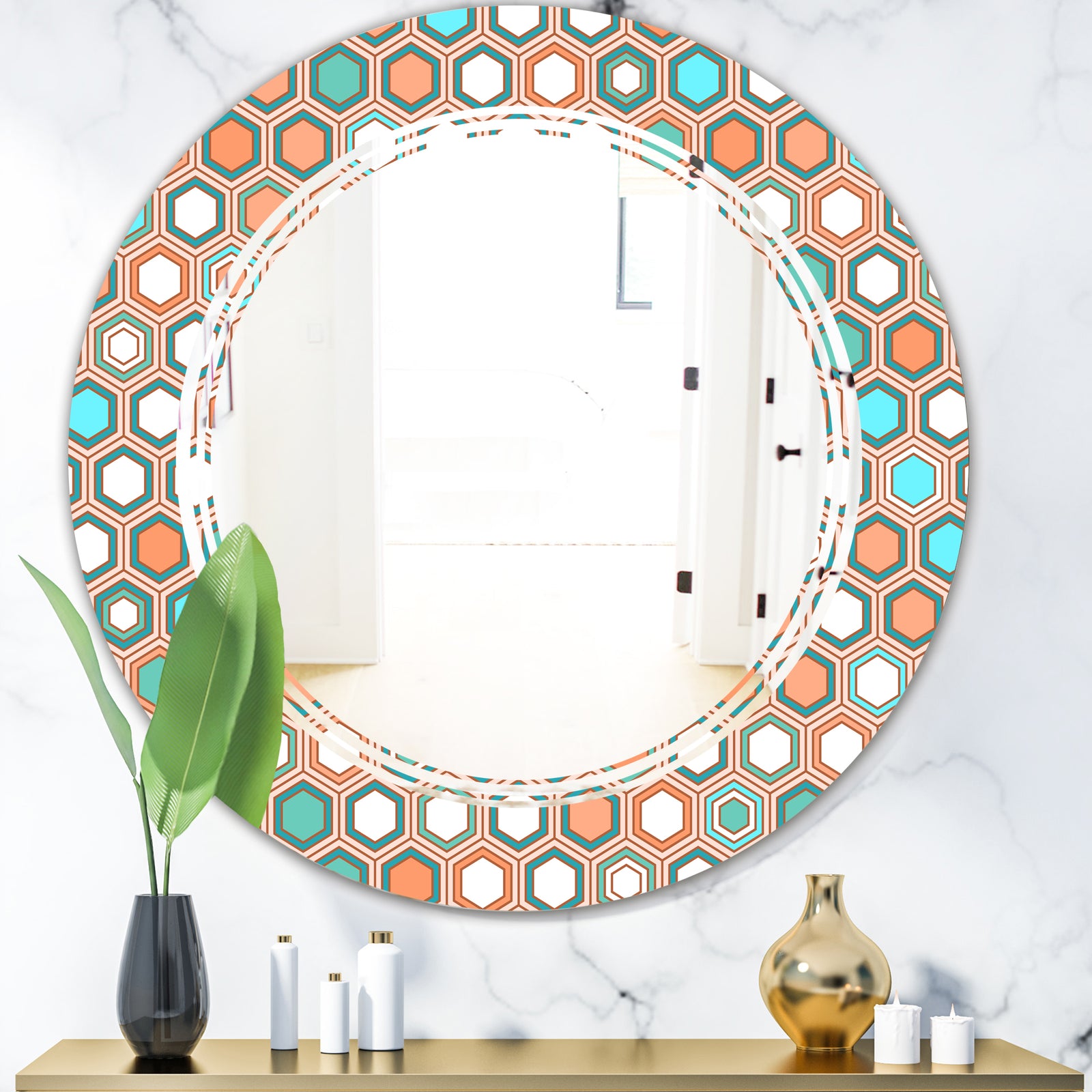 Retro Hexagon Pattern III - Modern Round or Oval Wall Mirror - Triple C
