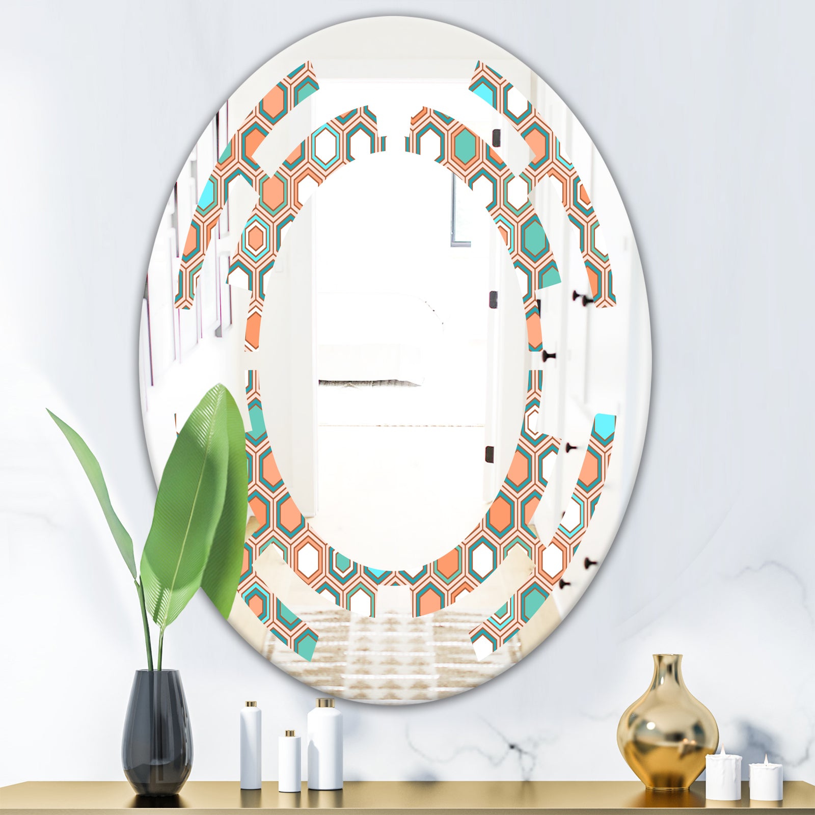 Retro Hexagon Pattern III - Modern Round or Oval Wall Mirror - Space
