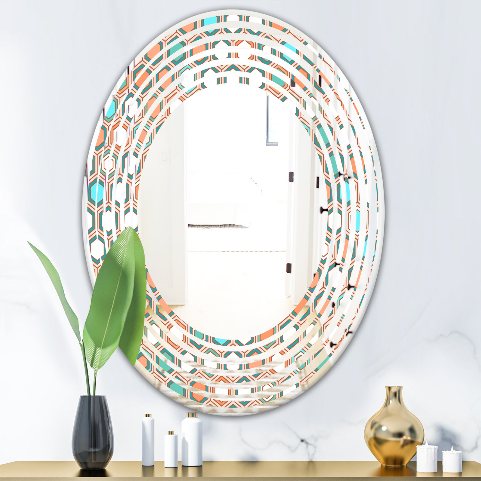 Retro Hexagon Pattern III - Modern Round or Oval Wall Mirror - Wave