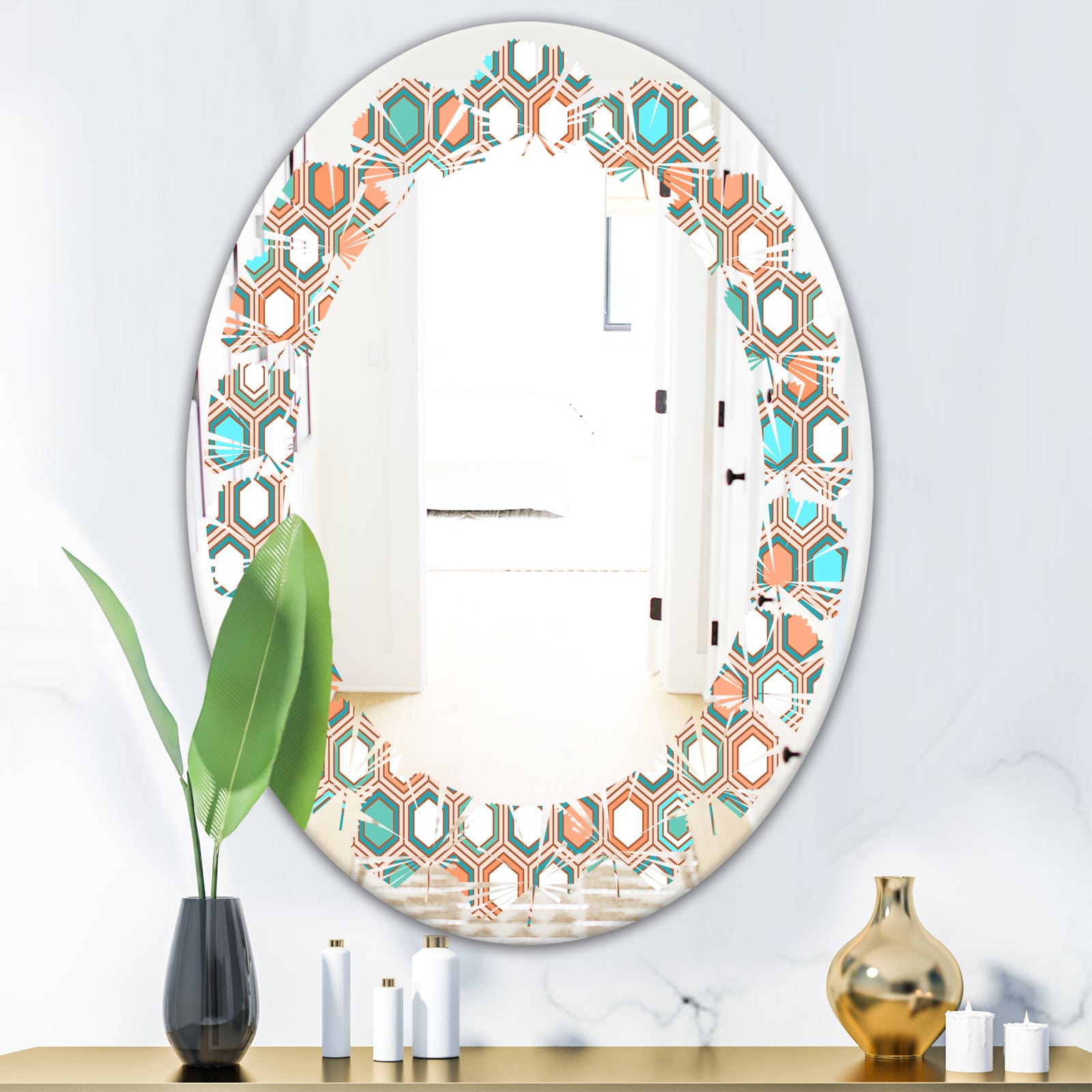 Retro Hexagon Pattern III - Modern Round or Oval Wall Mirror - Leaves