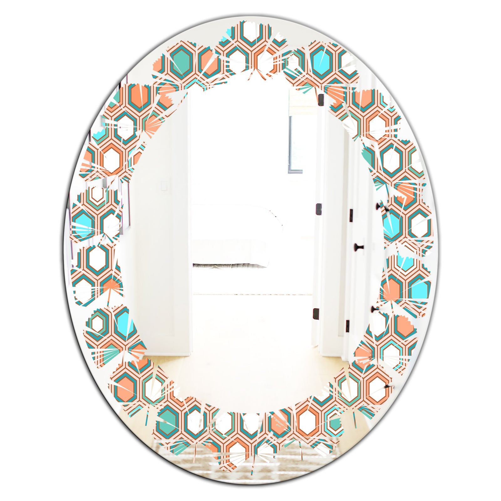 Retro Hexagon Pattern III - Modern Round or Oval Wall Mirror - Leaves