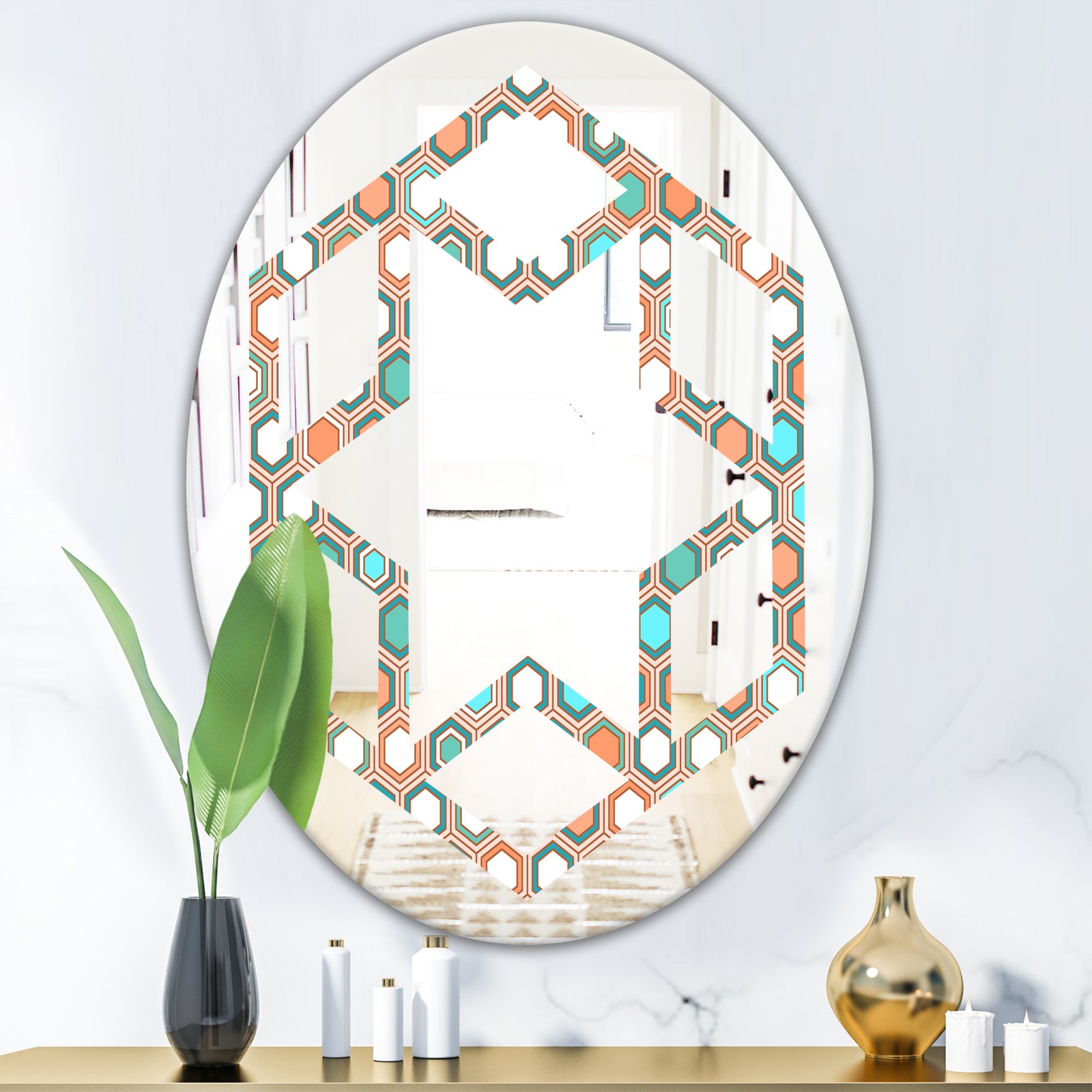 Retro Hexagon Pattern III - Modern Round or Oval Wall Mirror - Hexagon Star