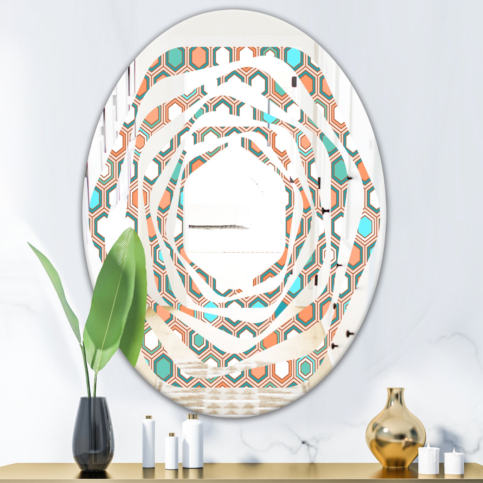 Retro Hexagon Pattern III - Modern Round or Oval Wall Mirror - Whirl