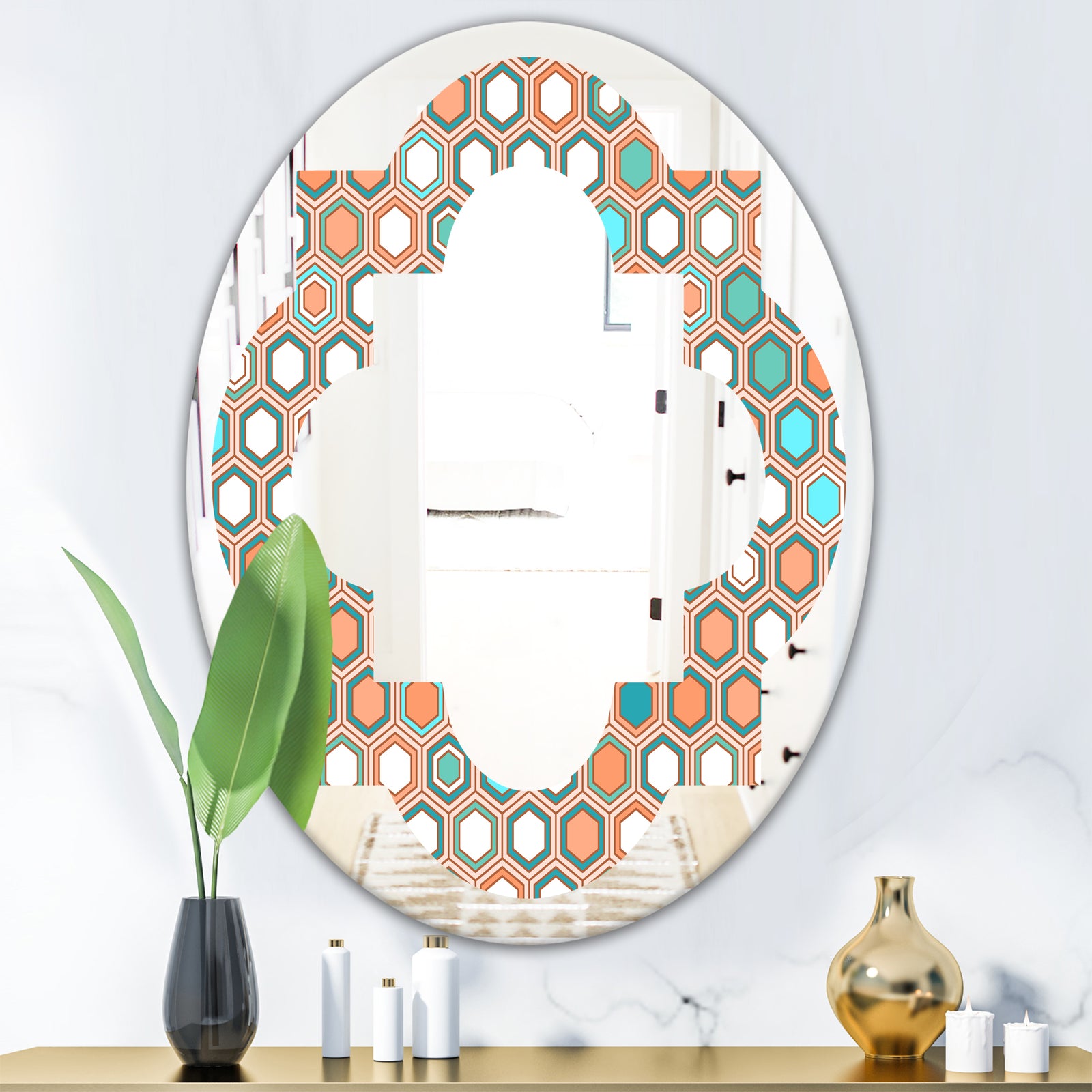 Retro Hexagon Pattern III - Modern Round or Oval Wall Mirror - Quatrefoil