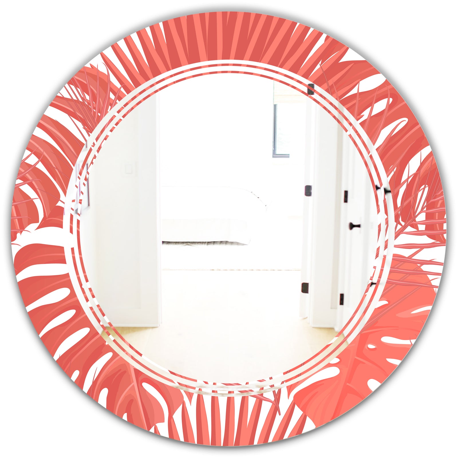 Tropical Retro Foliage Coral I - Modern Round or Oval Wall Mirror - Triple C